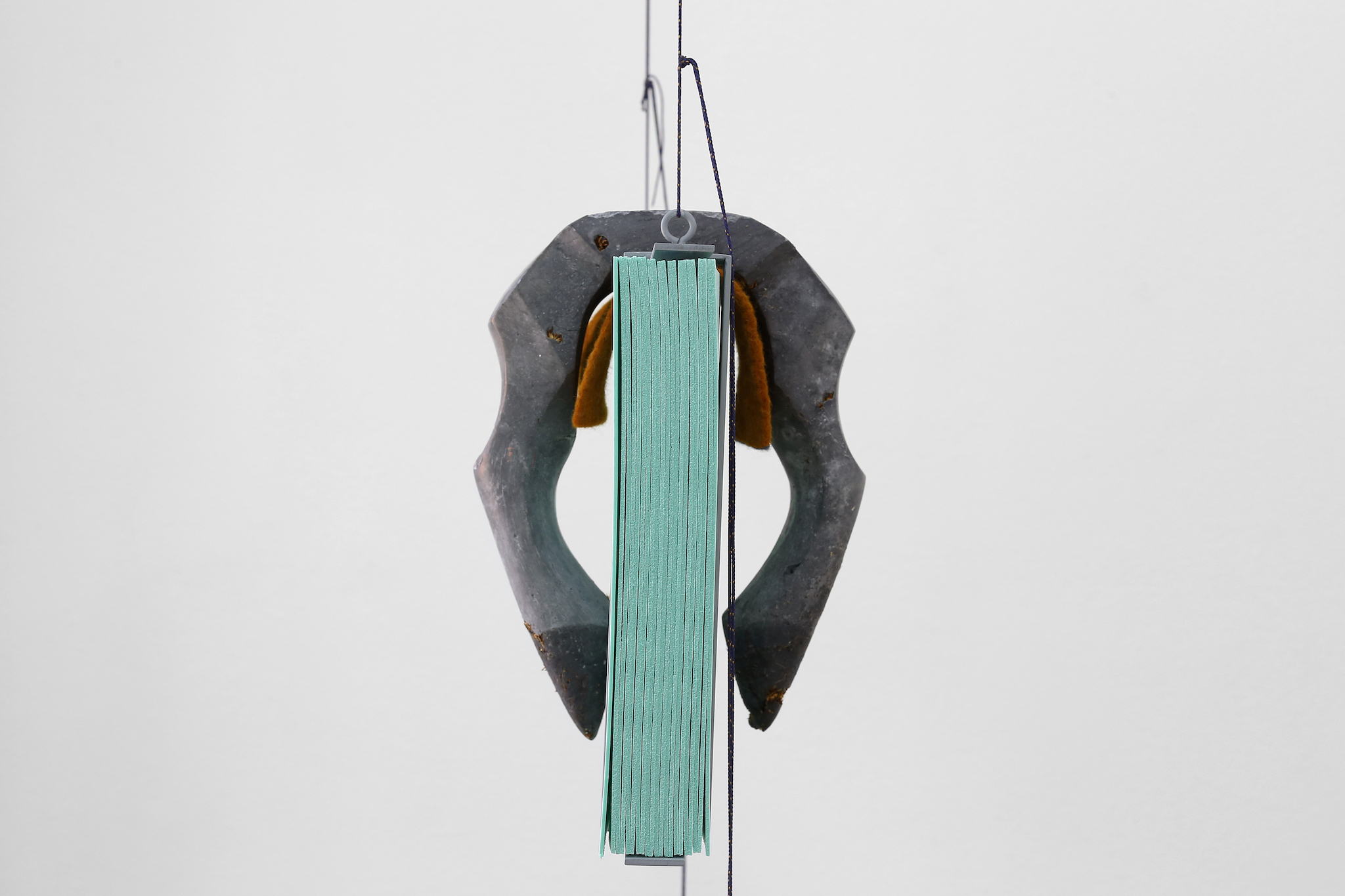 Therese Bülow, "Drypper, Sveder, Bader", 2022. Isolation foam, rope, soap, wool dyed with dyers chamomile, steel frame, 40.0 x 100.0 x 7.0 cm