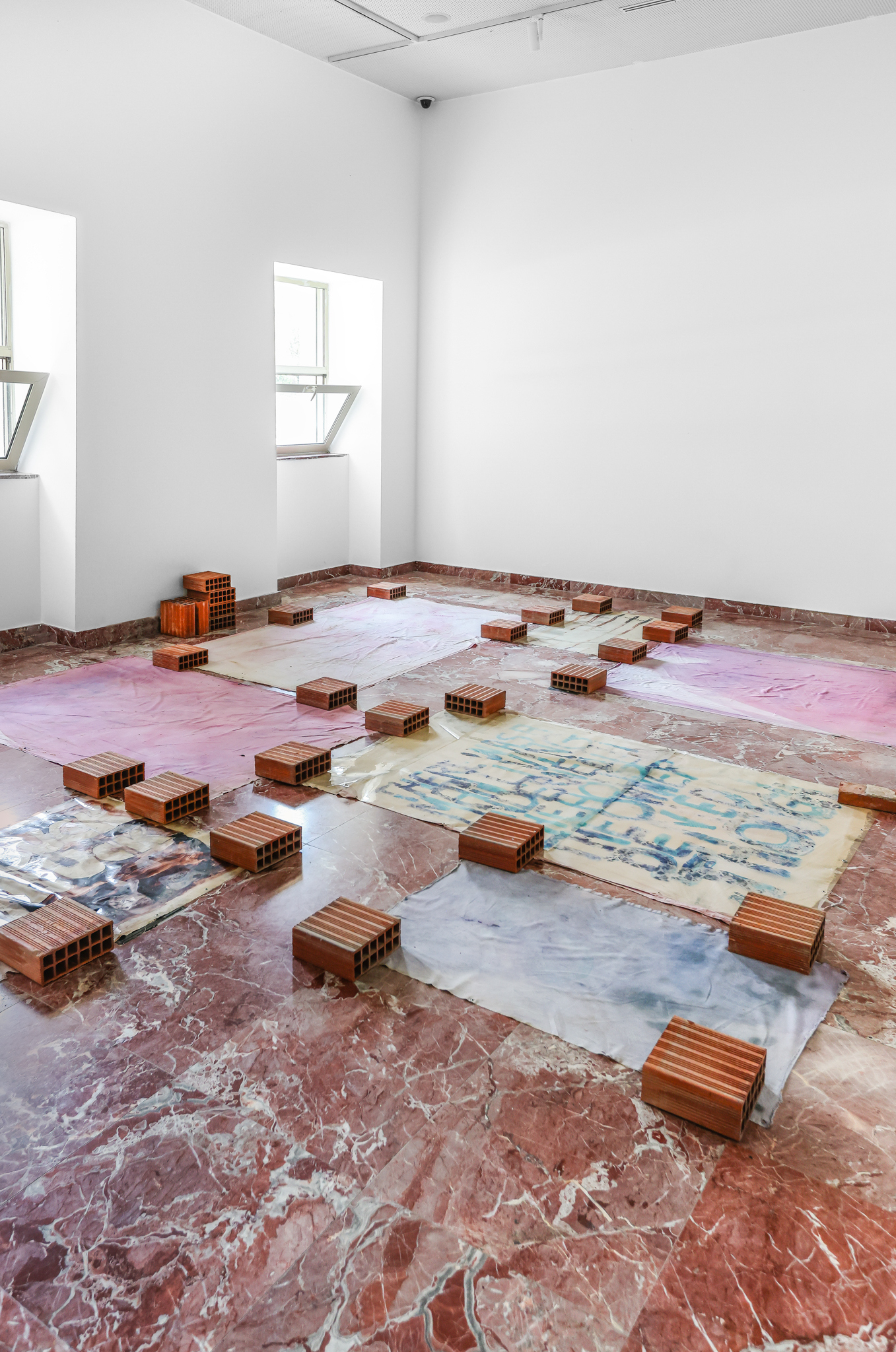 step 3 of 8, Sun bleached cotton, ink, hard PVC, stones, Variable measurements / 2023