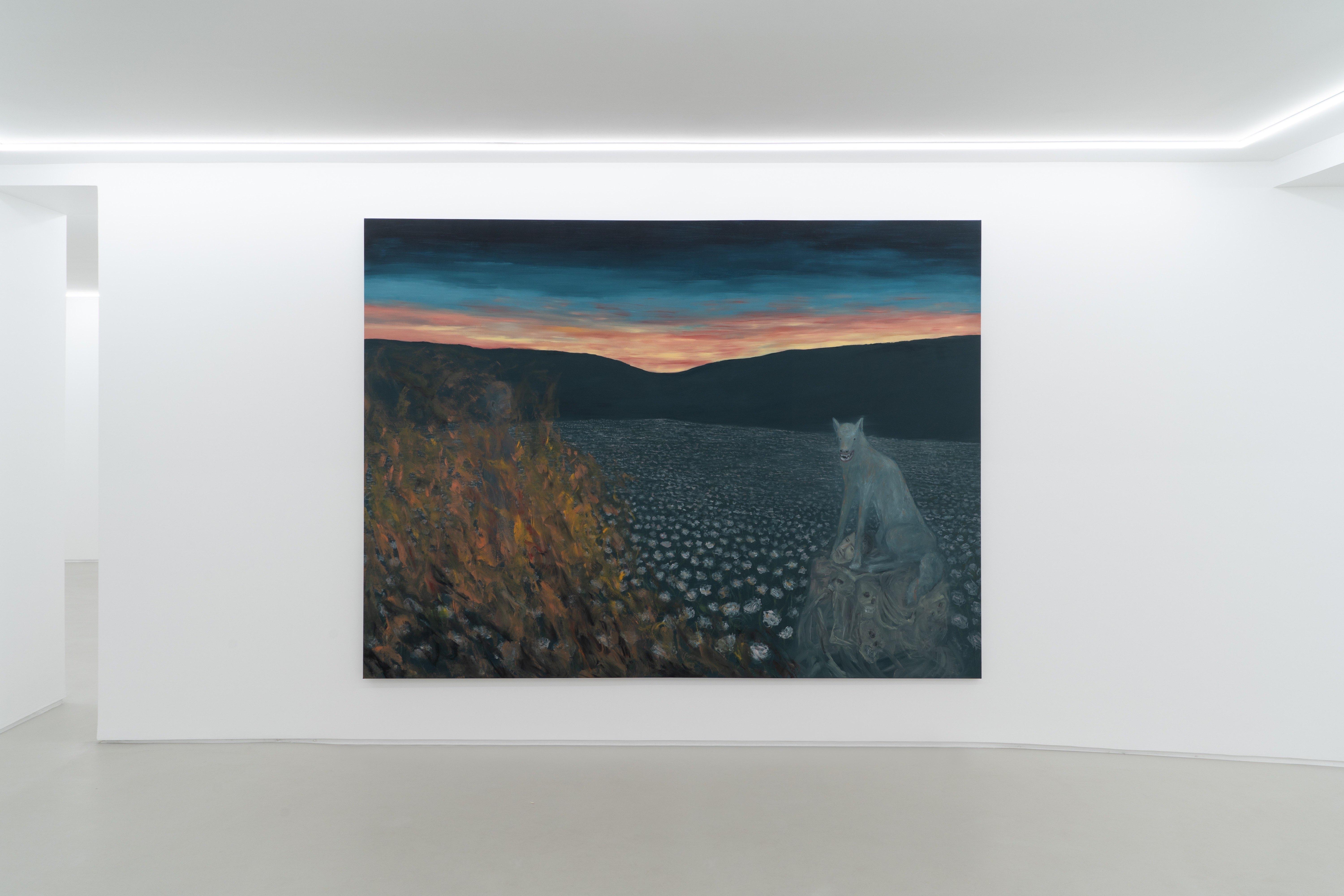 Installation view, Unique but doomed, 2023. Oil on canvas. 197 x 265 cm | 77 1/2 x 104 3/8 inches