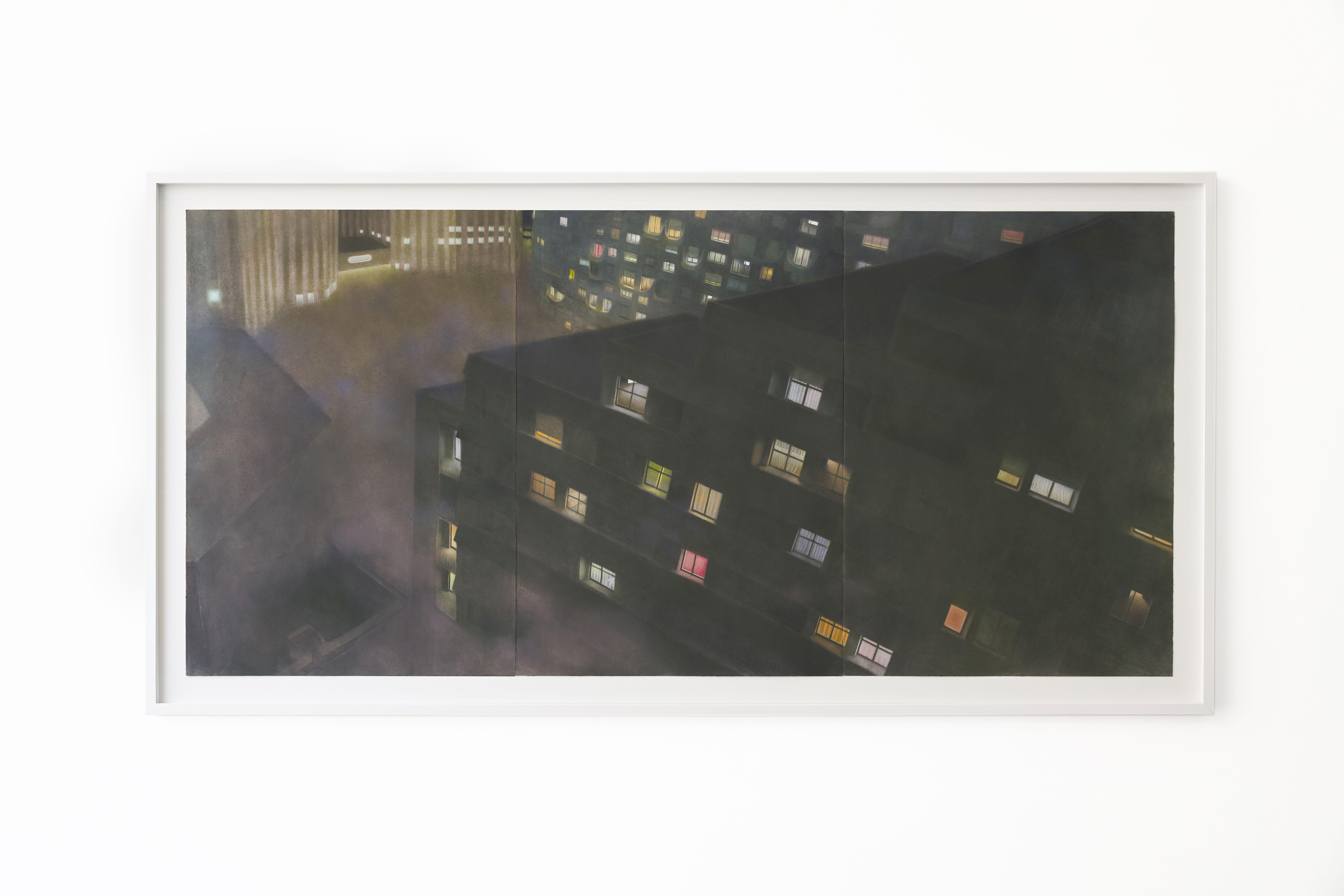 Nuit I, 2023 Pastel on paper 105 × 75 cm (each) | 105 × 225 cm (tryptich) (framed: 122 × 241 cm). Courtesy of the artist and Crèvecœur, Paris. Photo: Alex Kostromin