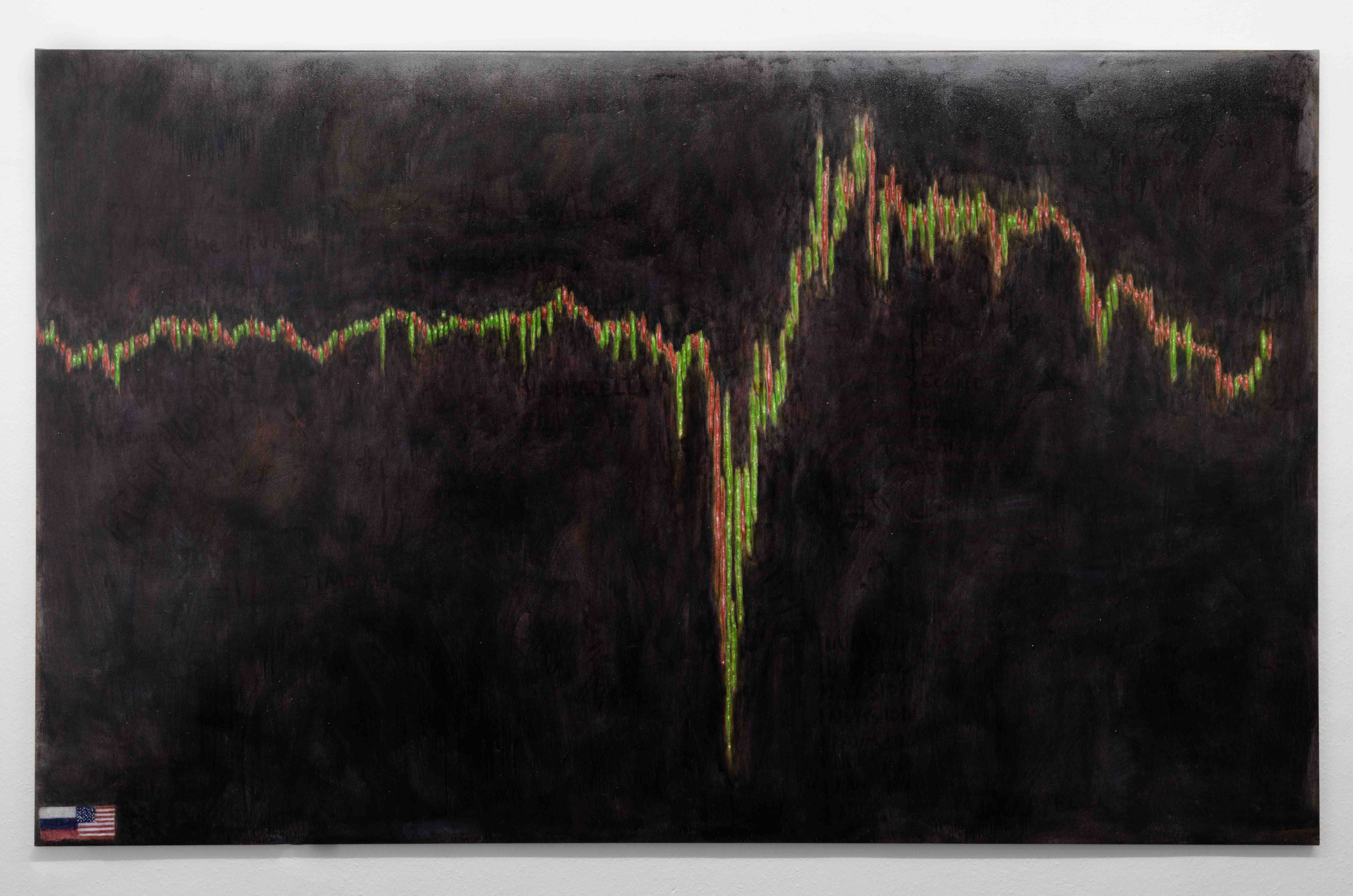 Andy Schumacher, ruble/usd before and during ukrainian war, 2023, Oil on canvas, 250cm x 155cm