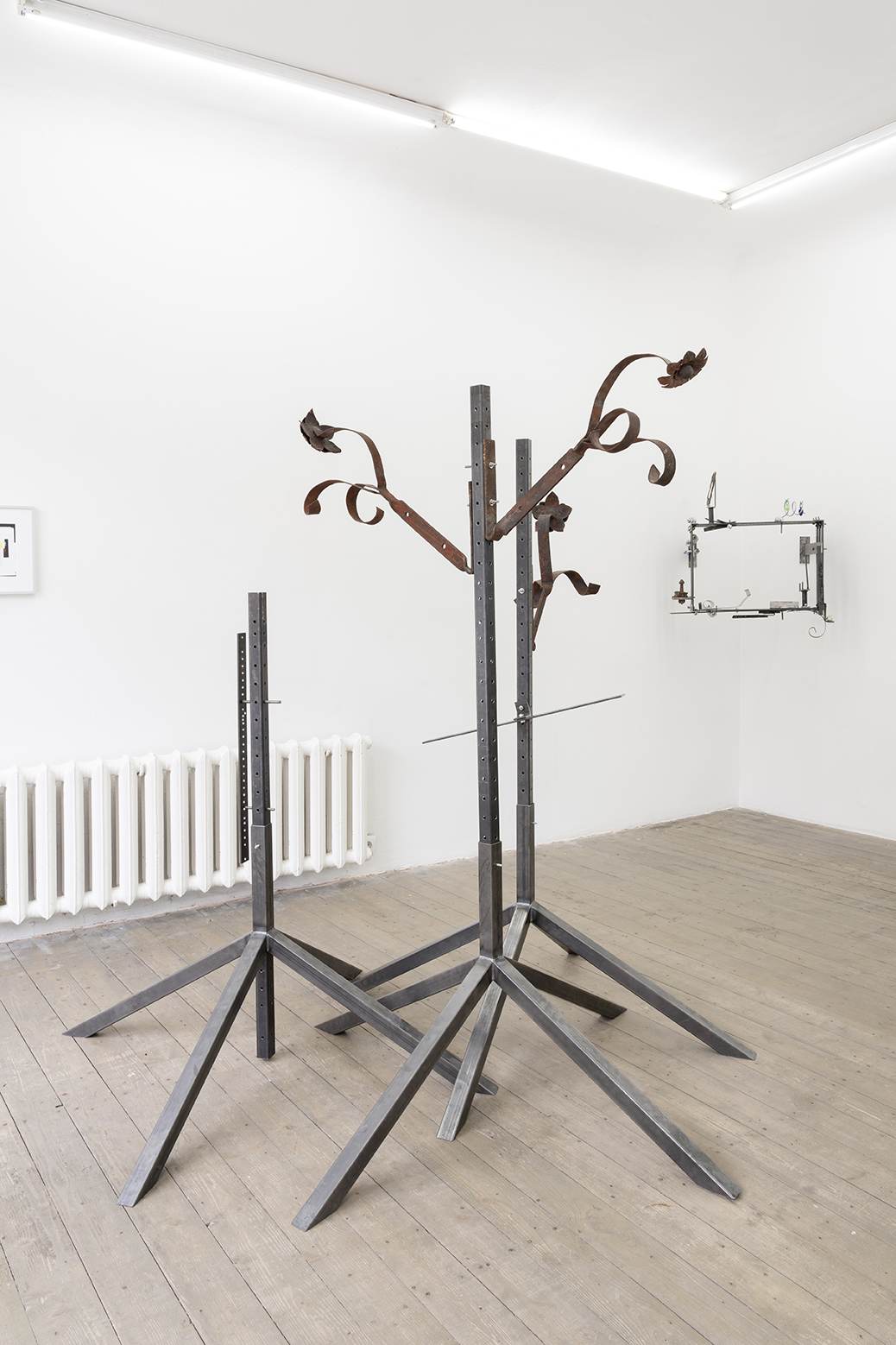 Cs ballad of physical dependency, steel, aluminum, found objects, variable dimensions, 2023 