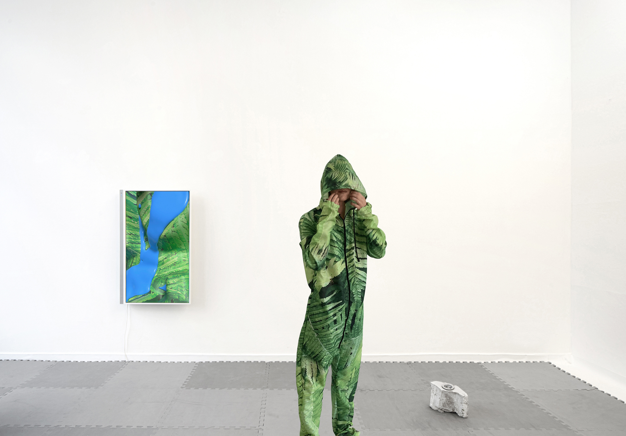 exhibition view with performer