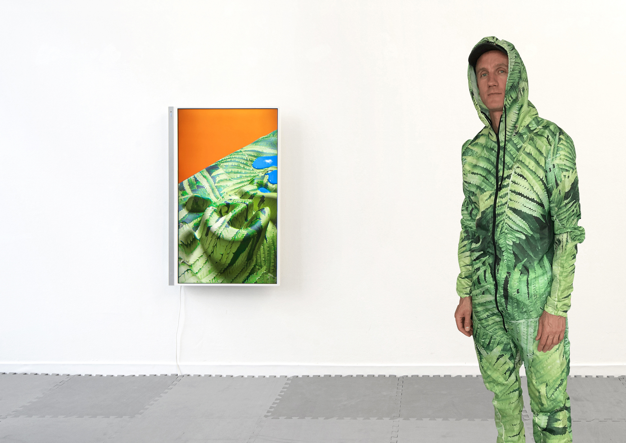 exhibition view with performer