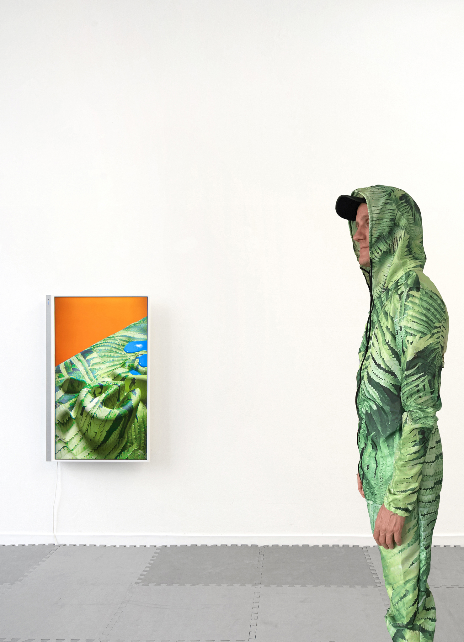 exhibition view with performer