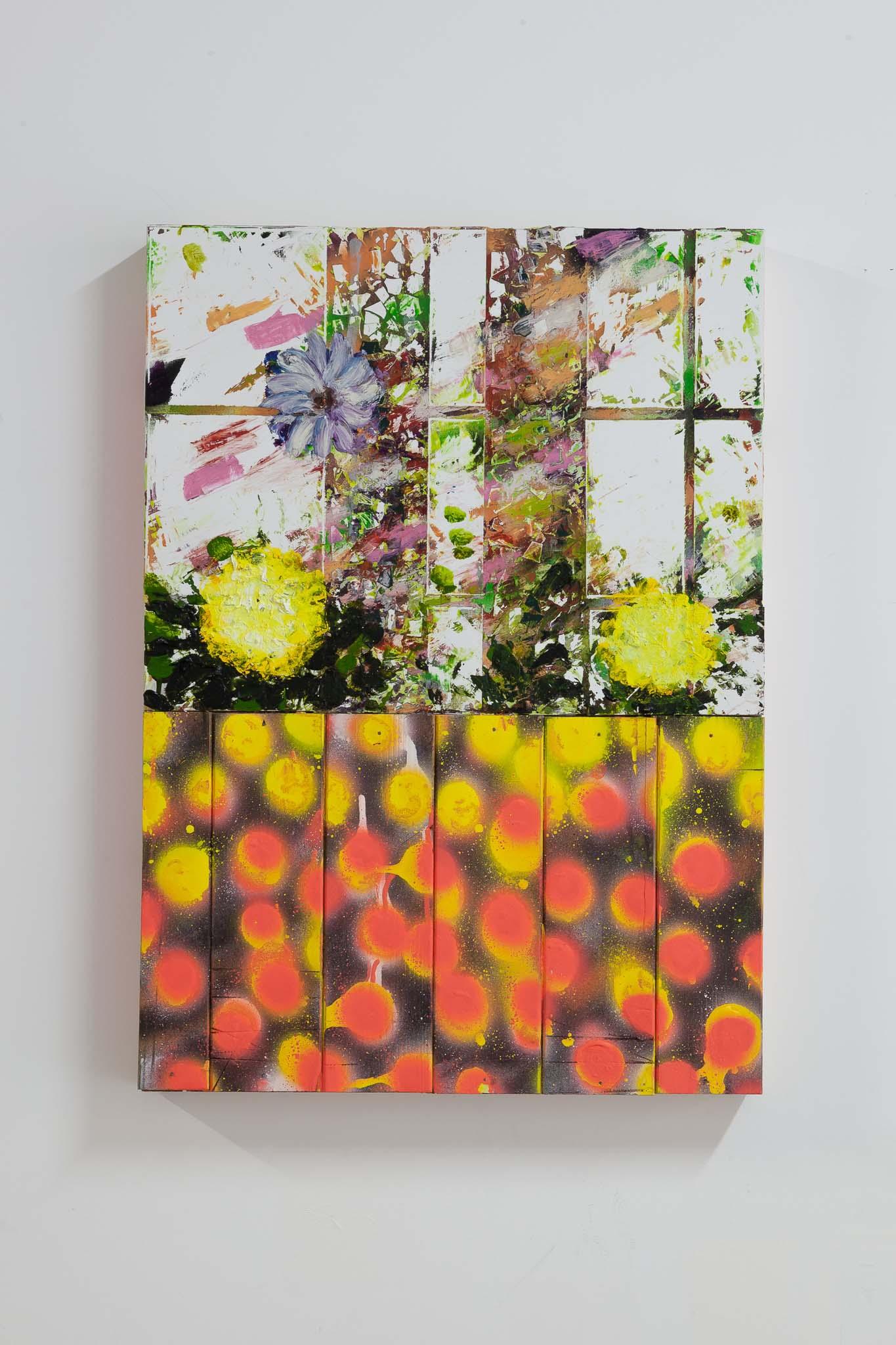 Luca Longhi Bene, 2023. Tiles, grout, wood, oil, acrylic, wood stain, gaffer tape, 70 x 50 x 6 cm