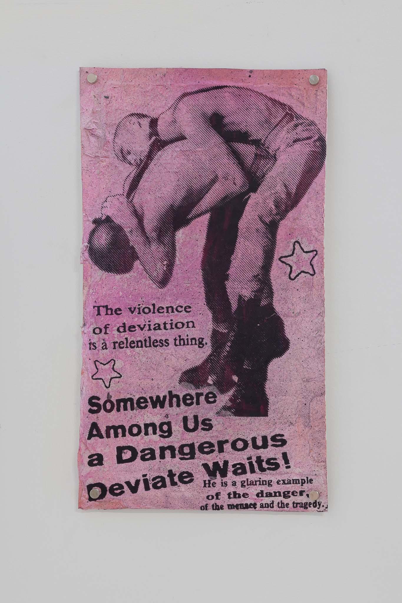 Waj Hussain, menace of the sex deviate, 2023. Card, paper, spray paint, ink, 26 x 30 cm 