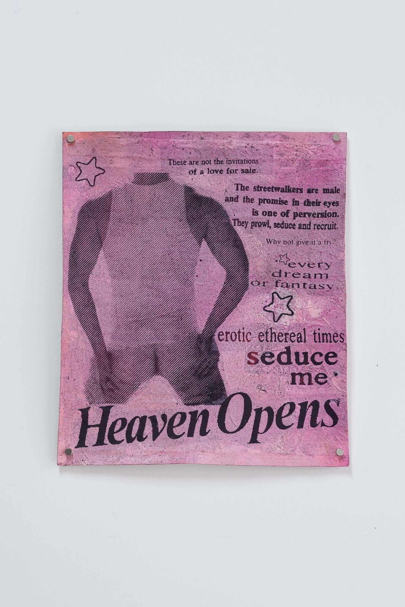 Waj Hussain, menace of the sex deviate, 2023. Card, paper, spray paint, ink, 36 x 30 cm