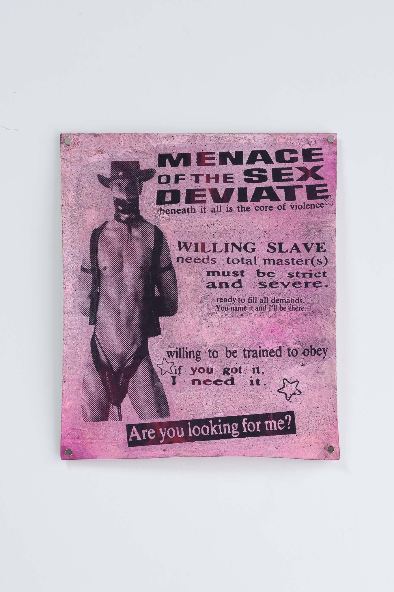 Waj Hussain, menace of the sex deviate, 2023. Card, paper, spray paint, ink, 36 x 30 cm