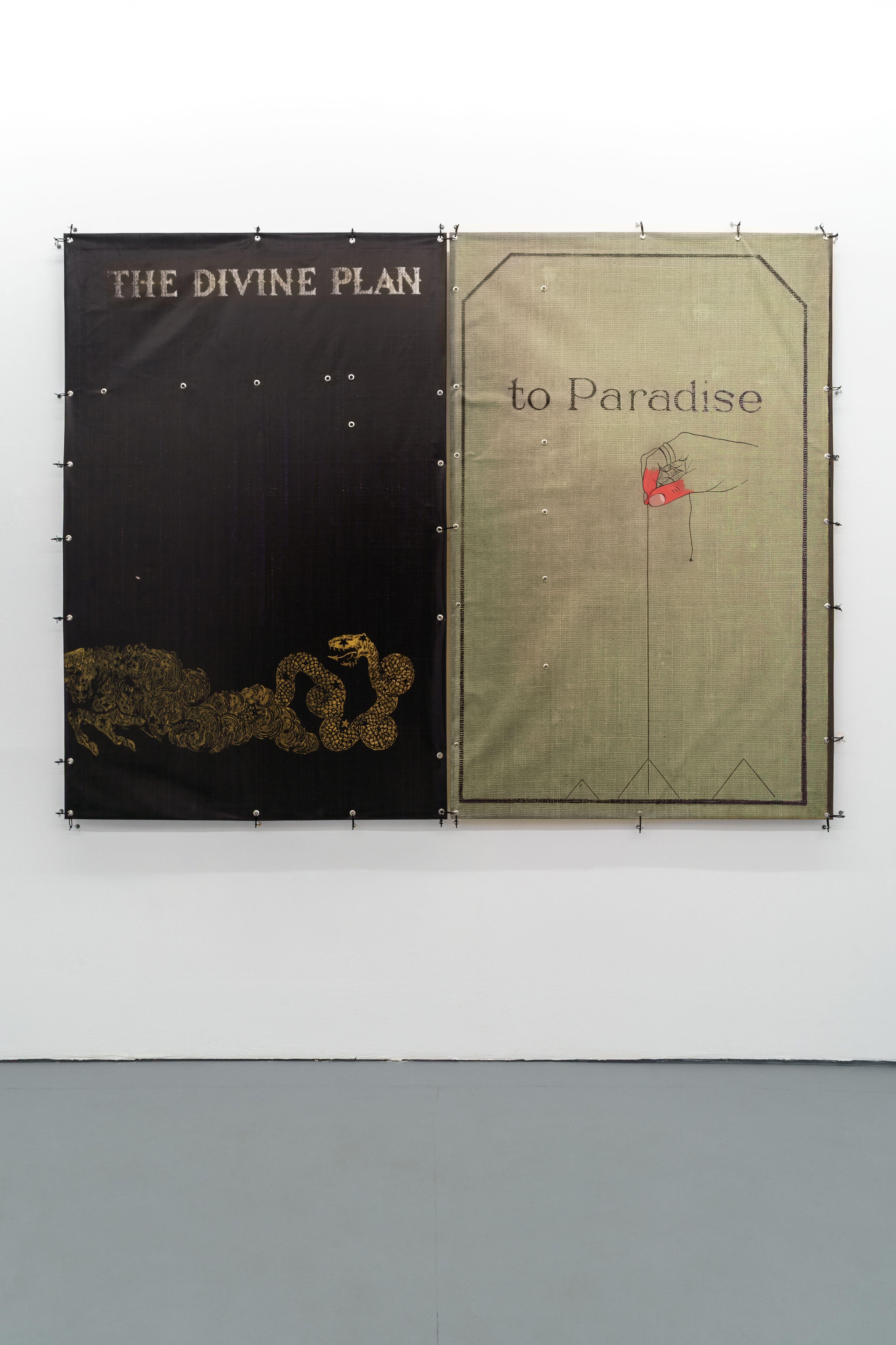 Ian Swanson, â€˜The Divine Plan to Paradiseâ€™, 2023, acrylic and hardware on PVC, 250 x 187 cm