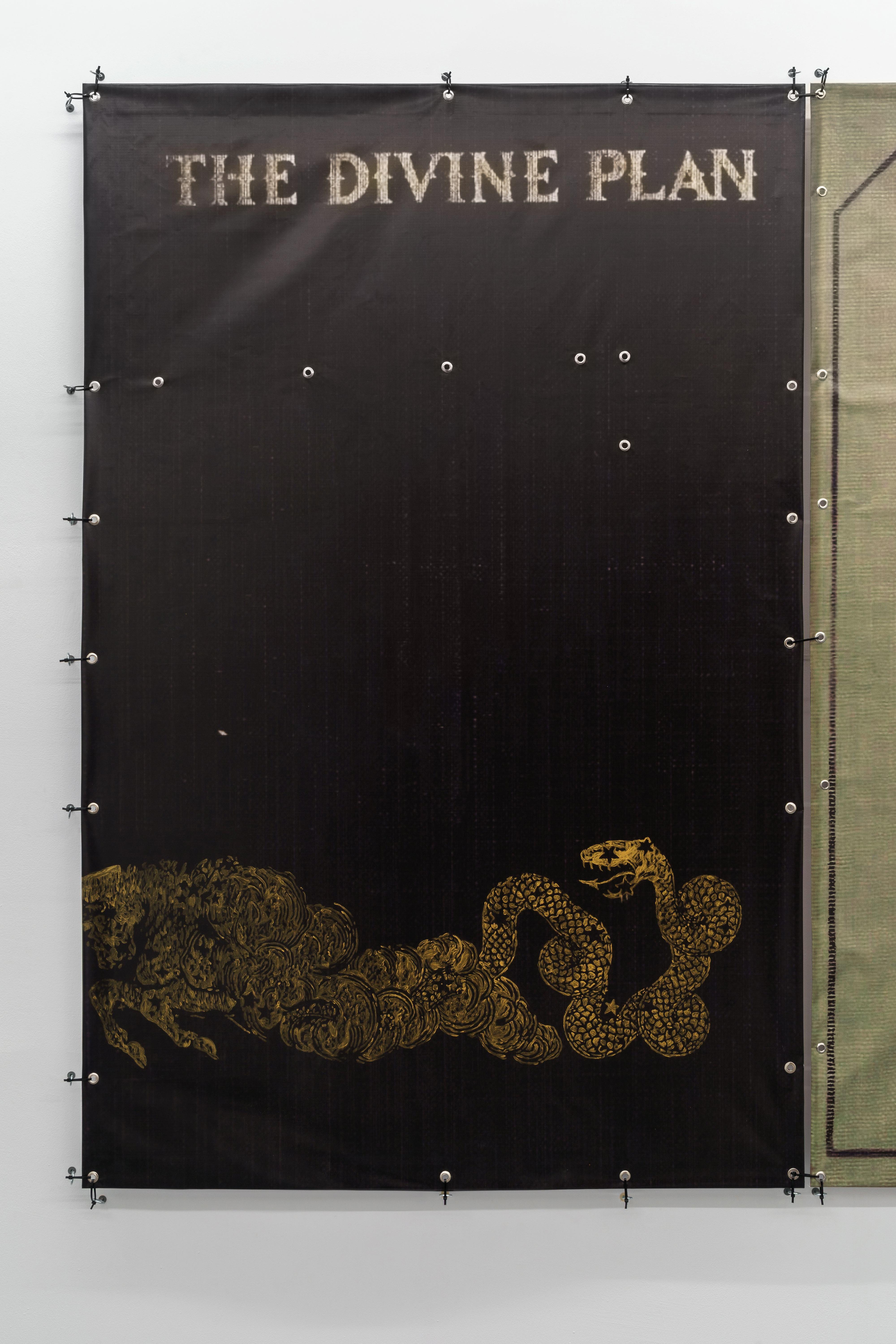 Ian Swanson, âThe Divine Plan to Paradiseâ, 2023, acrylic and hardware on PVC, 250 x 187 cm (Details)