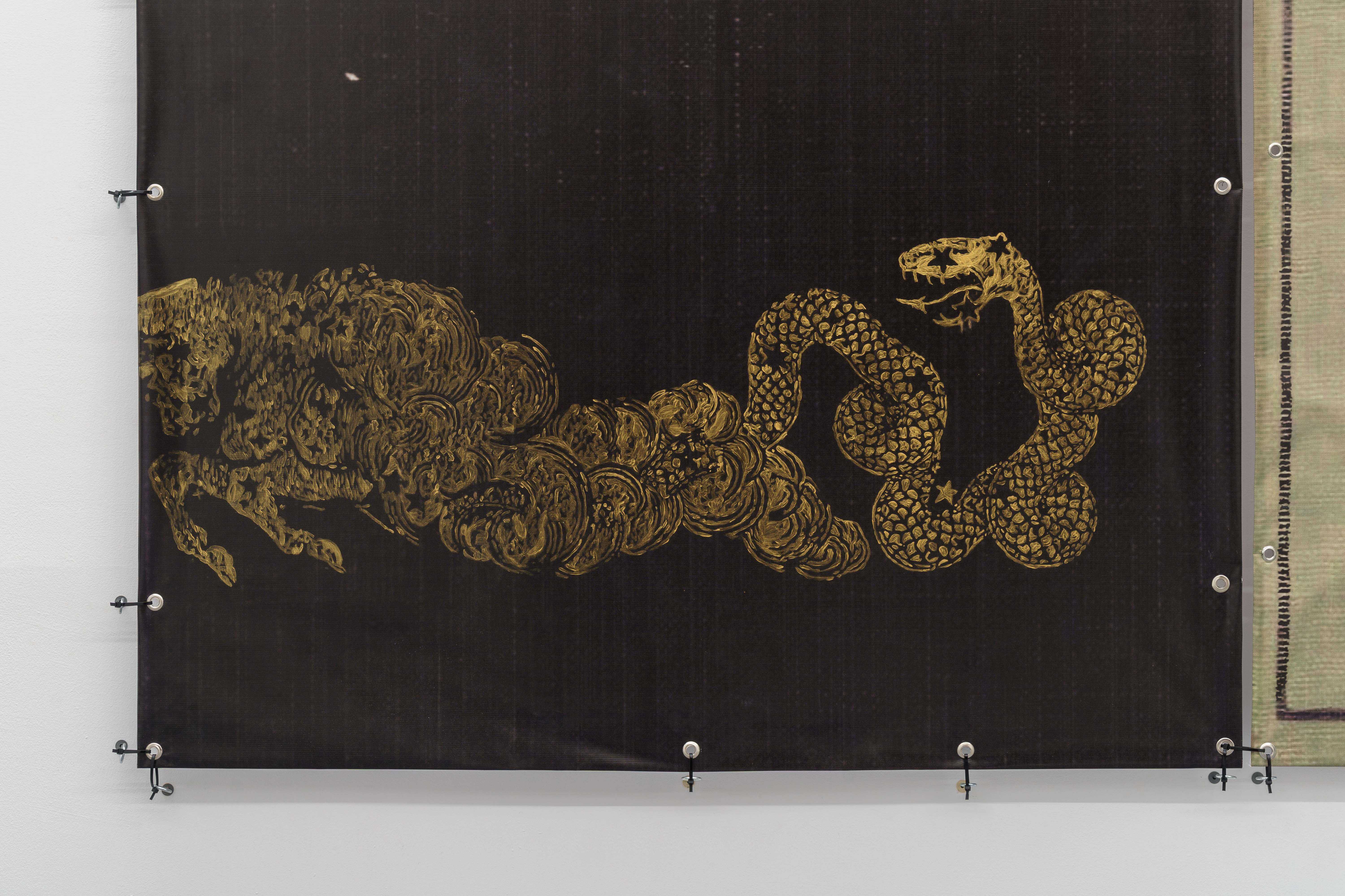 Ian Swanson, âThe Divine Plan to Paradiseâ, 2023, acrylic and hardware on PVC, 250 x 187 cm (Details)