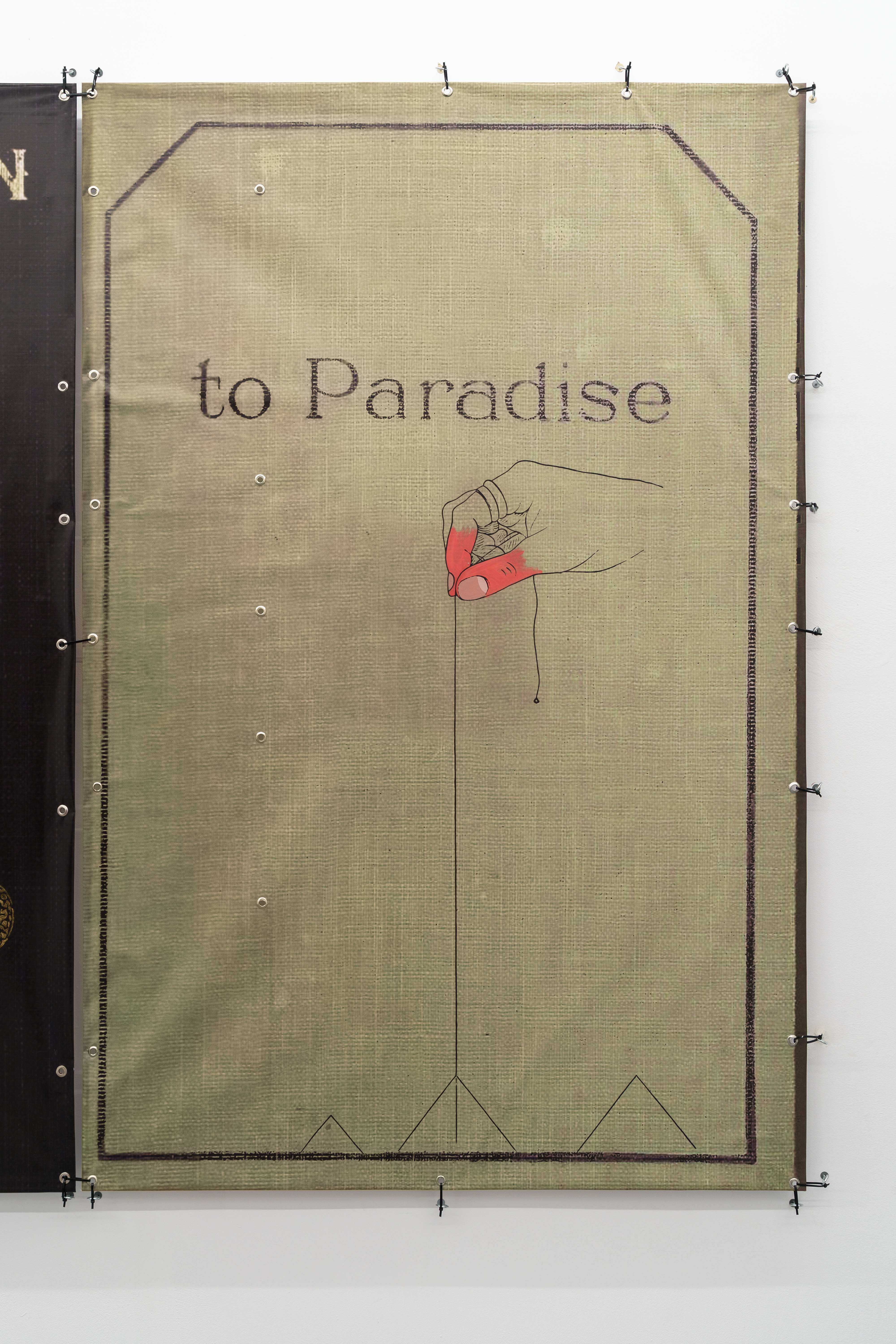 Ian Swanson, âThe Divine Plan to Paradiseâ, 2023, acrylic and hardware on PVC, 250 x 187 cm (Details)