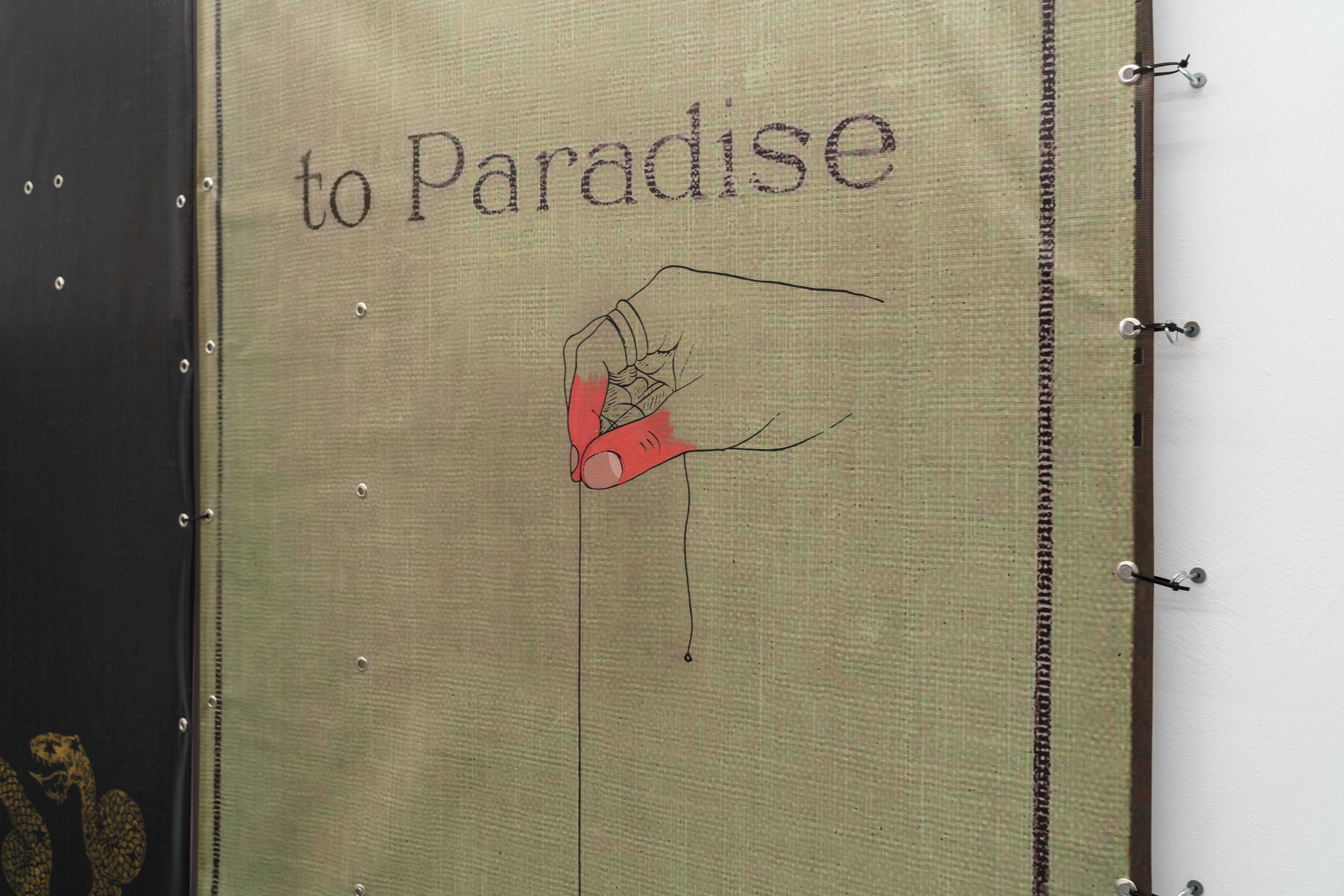 Ian Swanson, âThe Divine Plan to Paradiseâ, 2023, acrylic and hardware on PVC, 250 x 187 cm (Details)