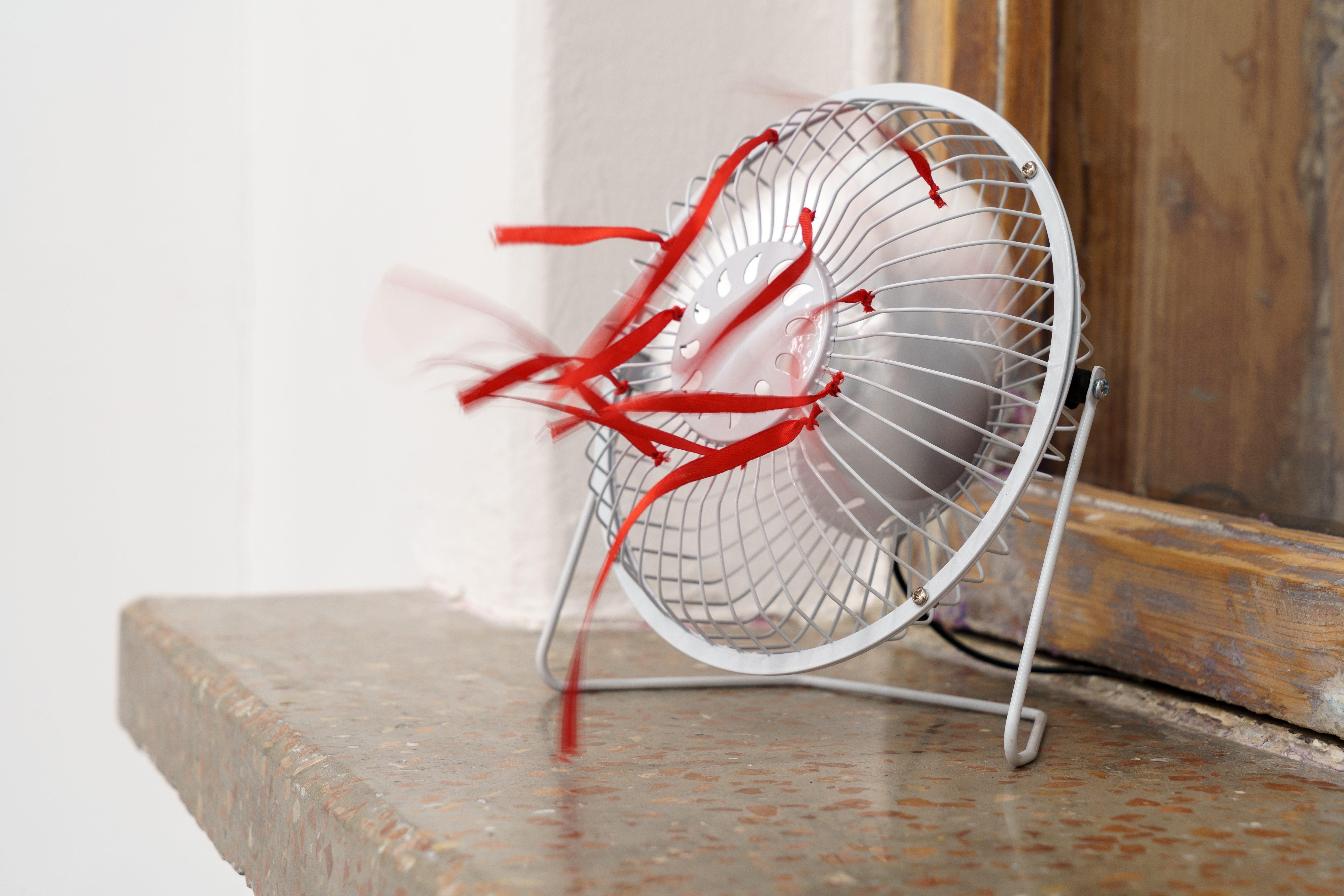 Ian Swanson, âMother Figureâ, 2023, fan, ribbon, 20 x 20 x 8 cm