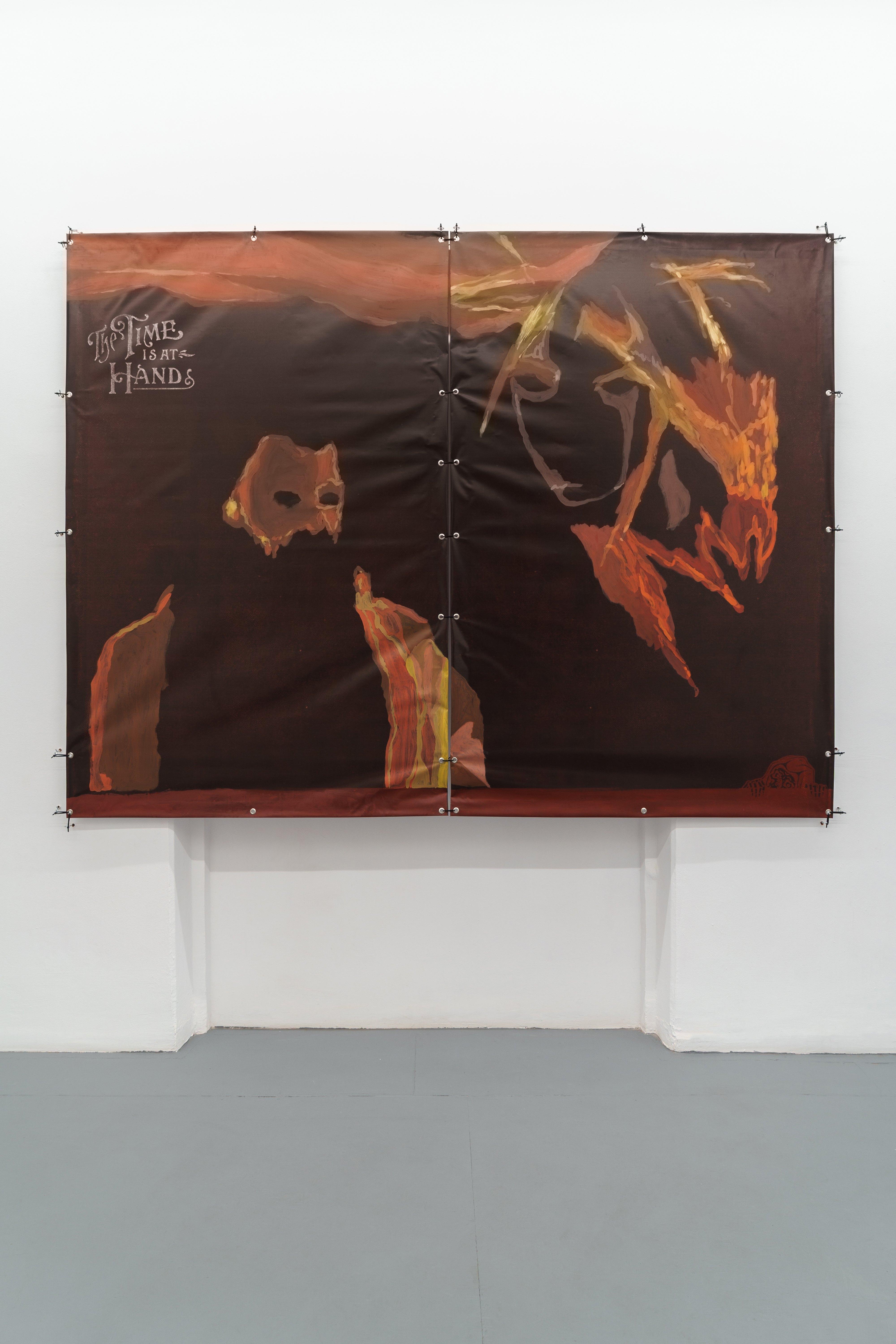 Ian Swanson, âThe Time is at Hand â, 2023, acrylic and hardware on PVC, 250 x 187 cm