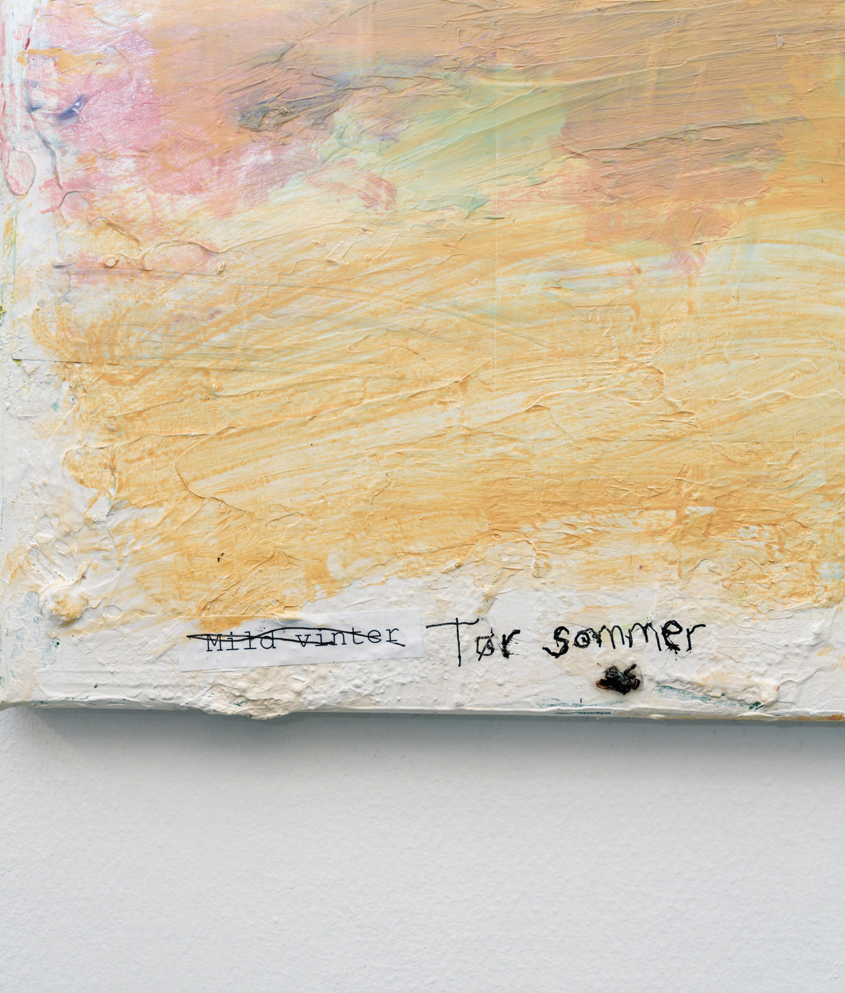 TÃ¸r Sommer (Dry Summer), 2023 (detail) Acrylic, bills, pen, dead fly and ink jet on canvas 60 x 50 cm