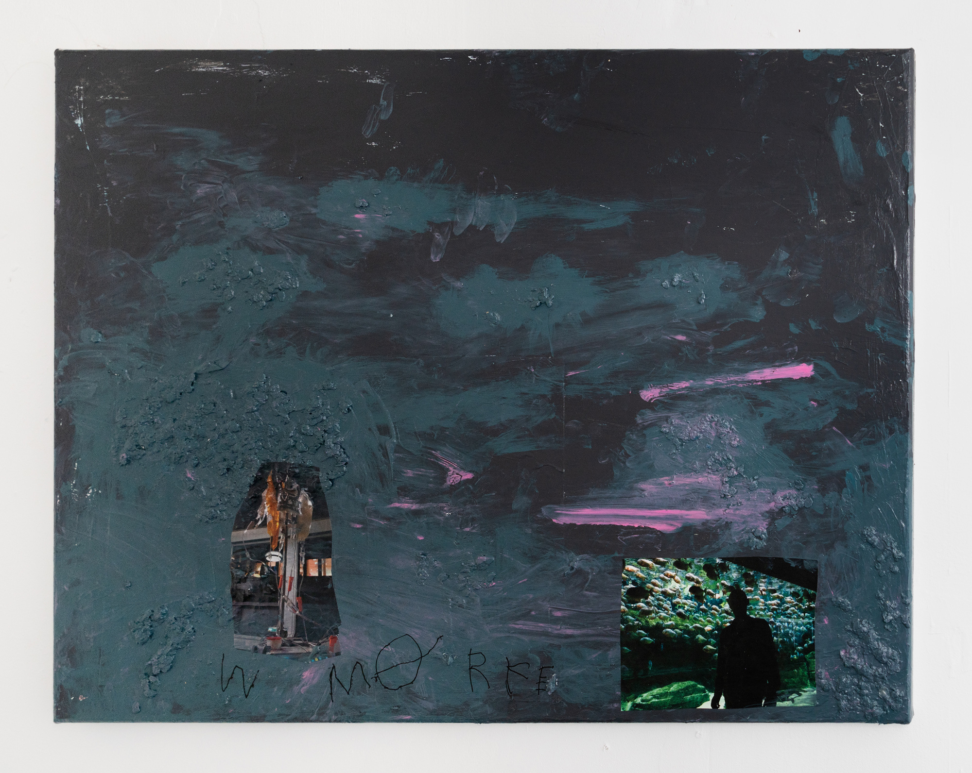 MÃ¸rke (Darkness), 2023 Acrylic, bills, pen, oat meal and ink jet on canvas 80 x 60 cm