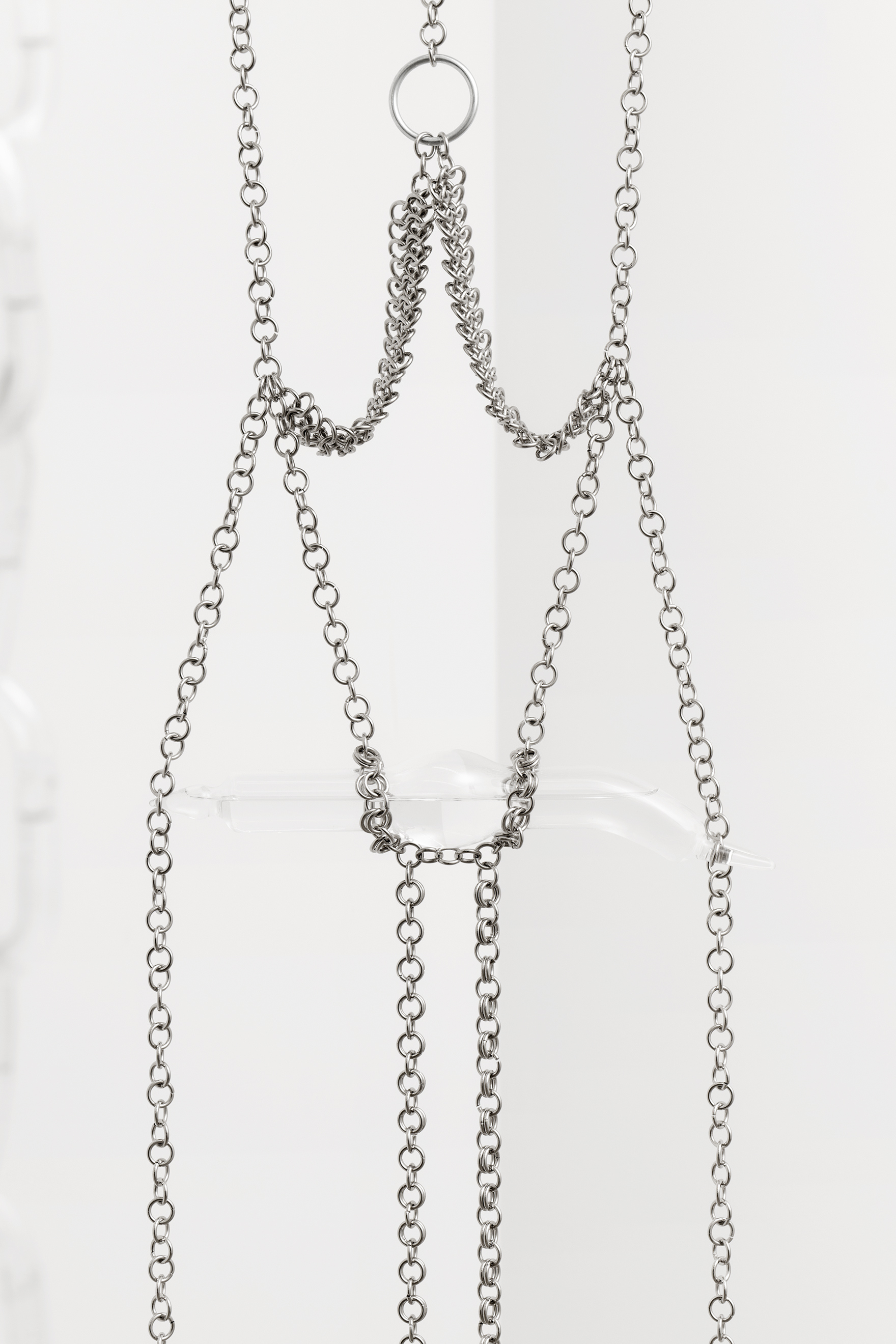 Andreia Santana, Wet Toy, 2022, water, glass and chain mail, 256 x 35 x 7 cm, unique