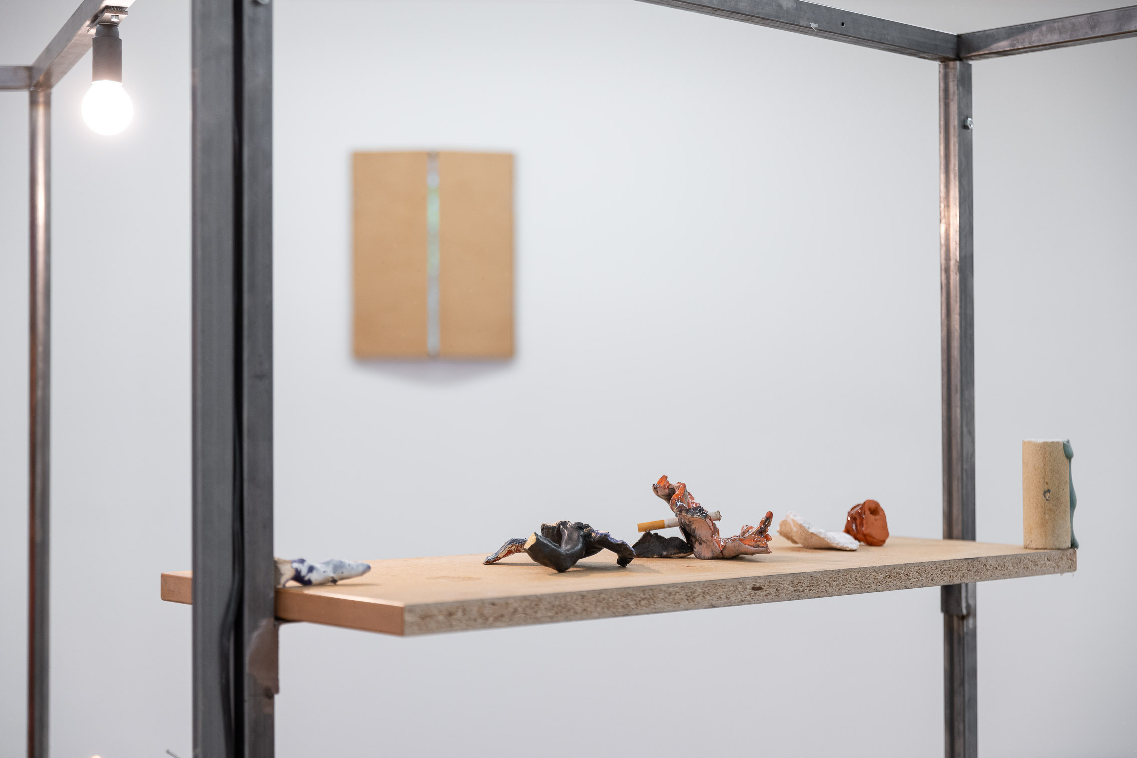 Patrick Ostrowsky, a home (beyond the matter of talking) (detail), 2023, wood, steel, glazed ceramics, perforated metal sheet, 260 x 120 x 217 cm