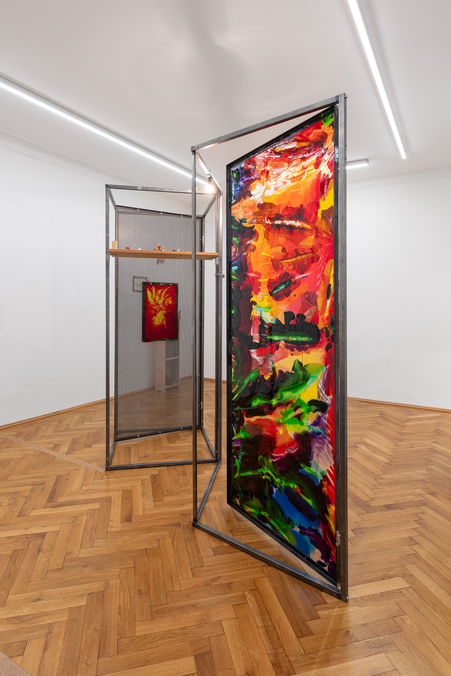Patrick Ostrowsky, a home (beyond the matter of talking), 2023, wood, steel, glazed ceramics, perforated metal sheet, 260 x 120 x 217 cm