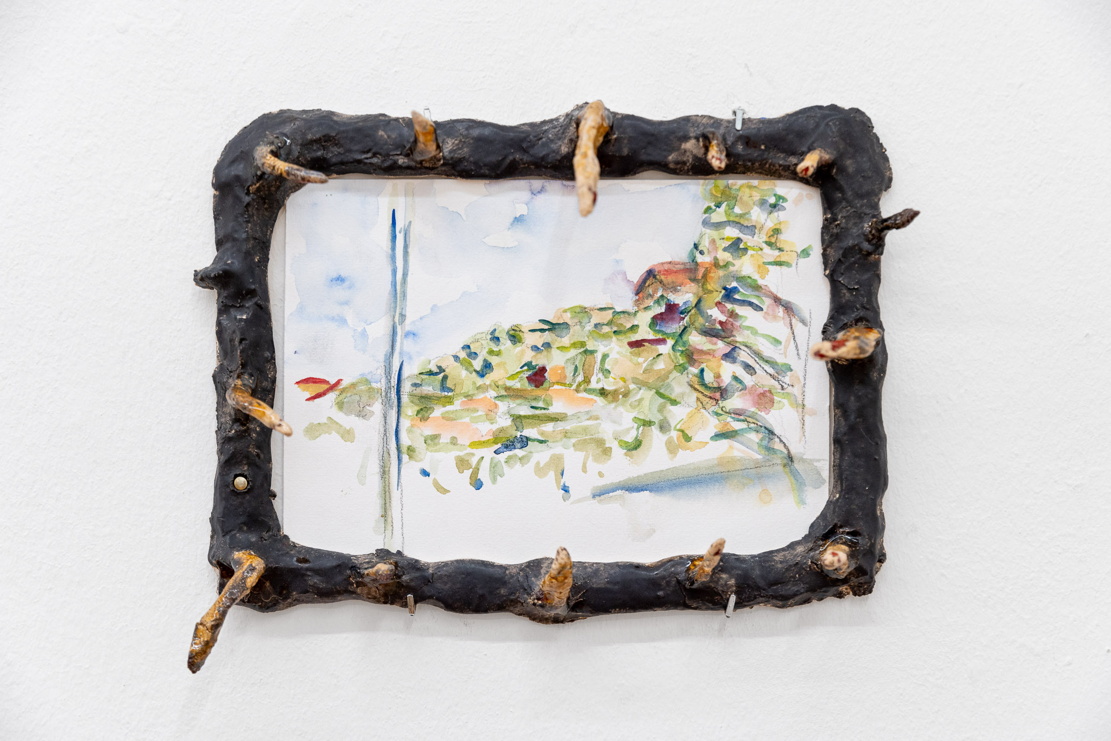Patrick Ostrowsky, clouds over monte veritĂĄ, 2023, glazed ceramics, water colour on paper, 25 x 31 x 8 cm
