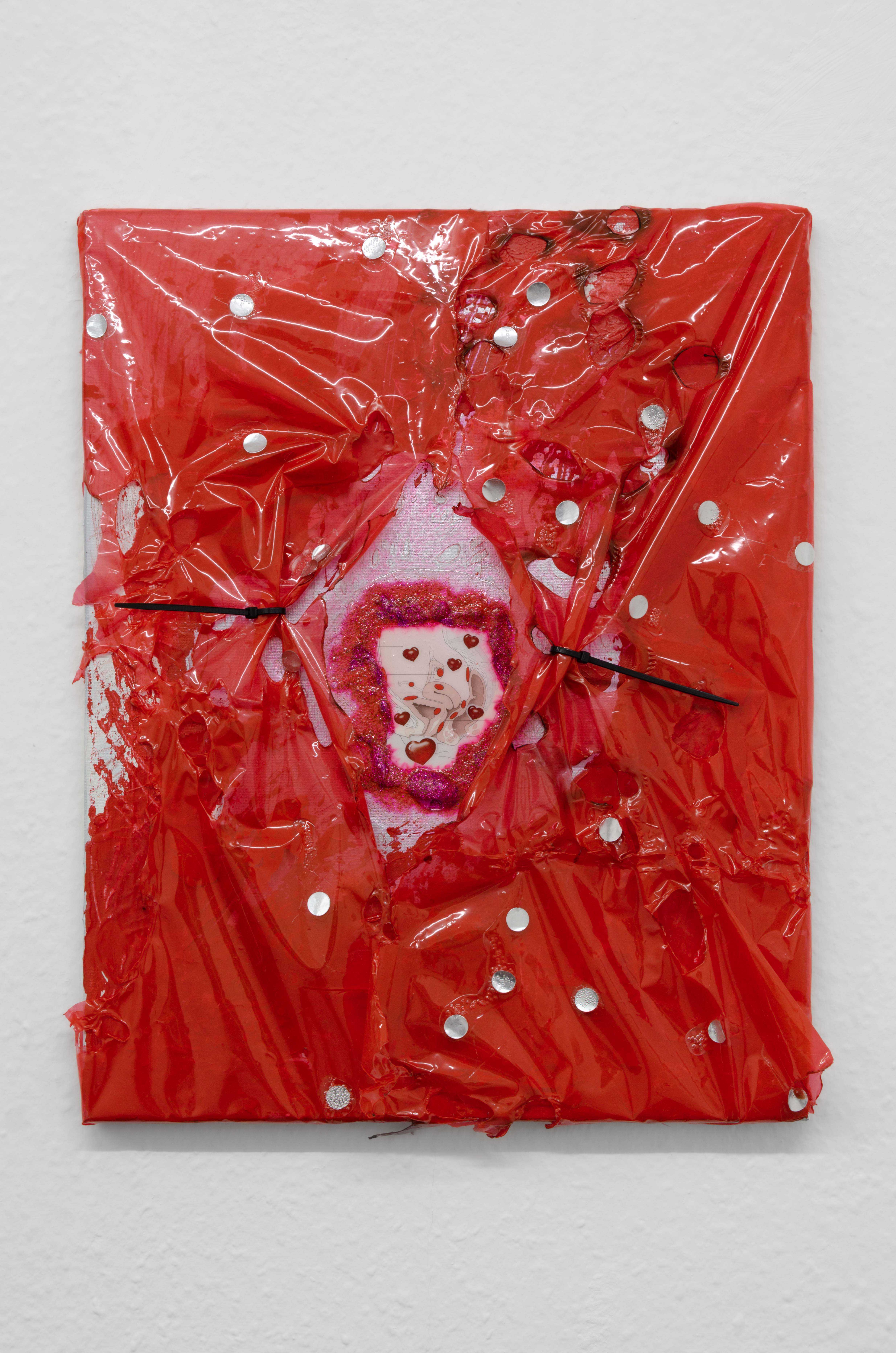 Lilli Thiessen, „Endometriose“, 2023, Acrylic paint, ball pen , plastic foil, glue, c-print, stickers, glitter on canvas, 50cm x 40cm