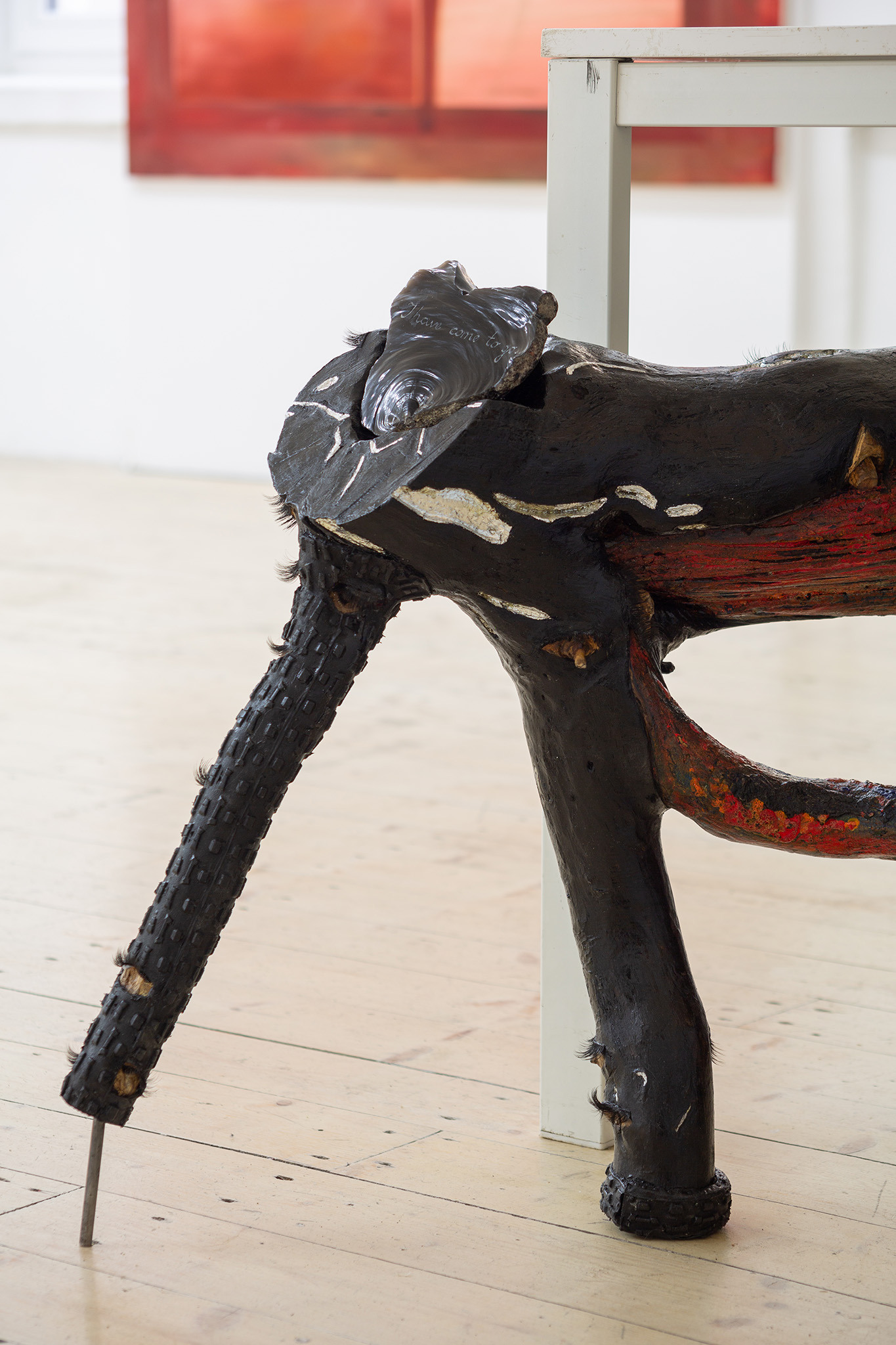 Milda Lembertaitė, December 31, 2020 - 2021. Found Wood (Richmond park, London), Obsidian, Oil Paint, Silver Leaf, Synthetic Eyelashes, 61 x 158 x 72 cm