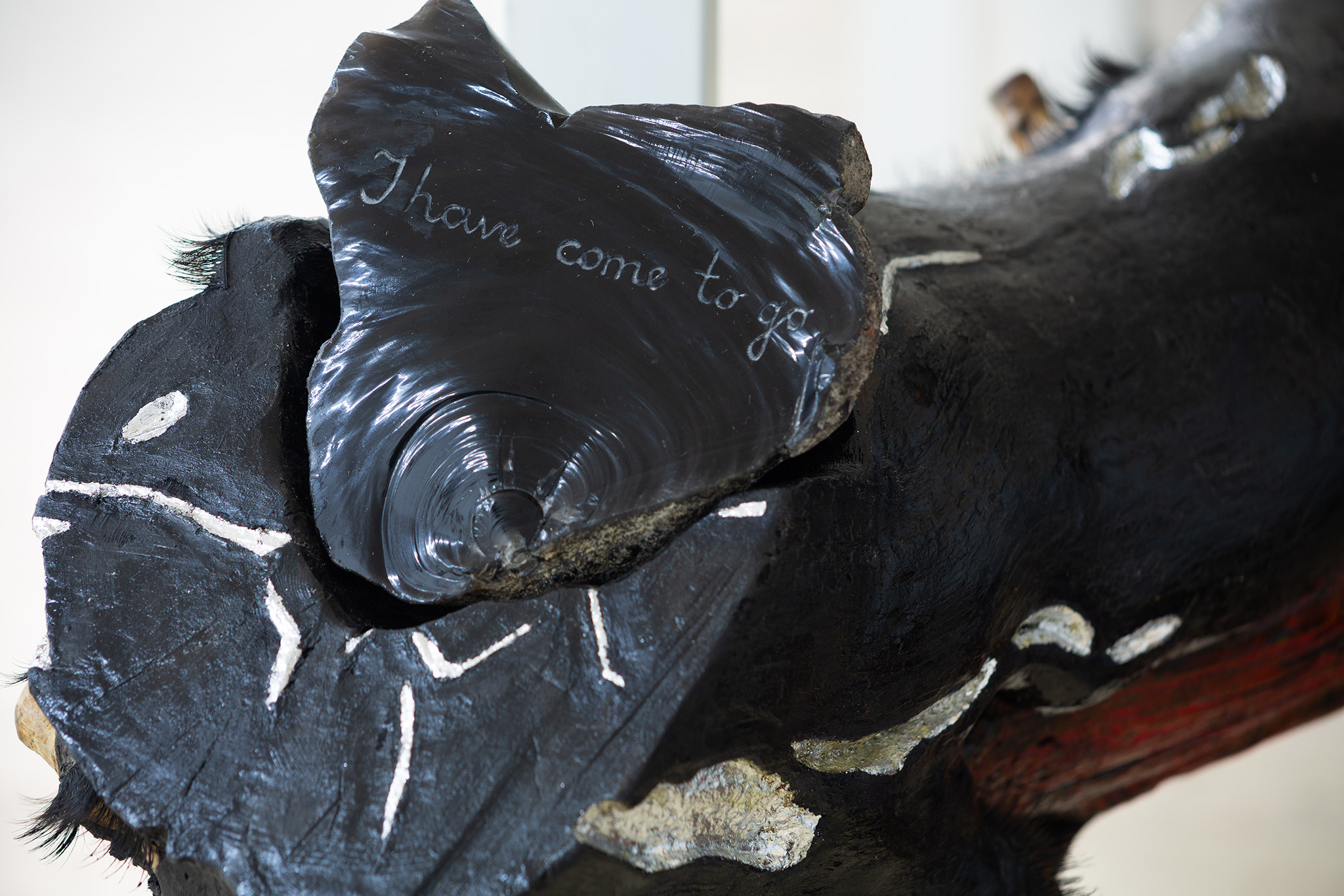 Milda Lembertaitė, December 31, 2020 - 2021. Found Wood (Richmond park, London), Obsidian, Oil Paint, Silver Leaf, Synthetic Eyelashes, 61 x 158 x 72 cm