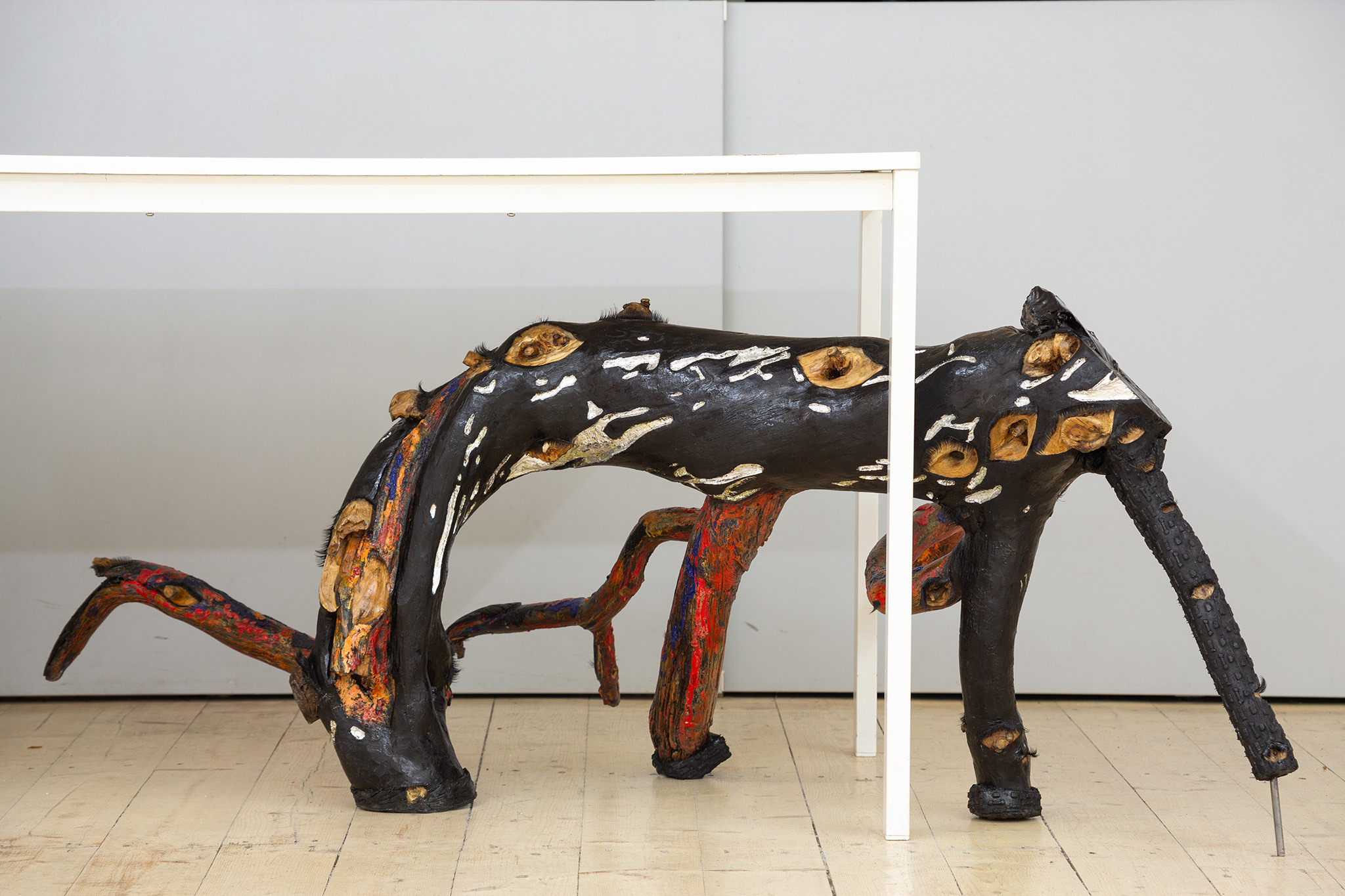 Milda Lembertaitė, December 31, 2020 - 2021. Found Wood (Richmond park, London), Obsidian, Oil Paint, Silver Leaf, Synthetic Eyelashes, 61 x 158 x 72 cm