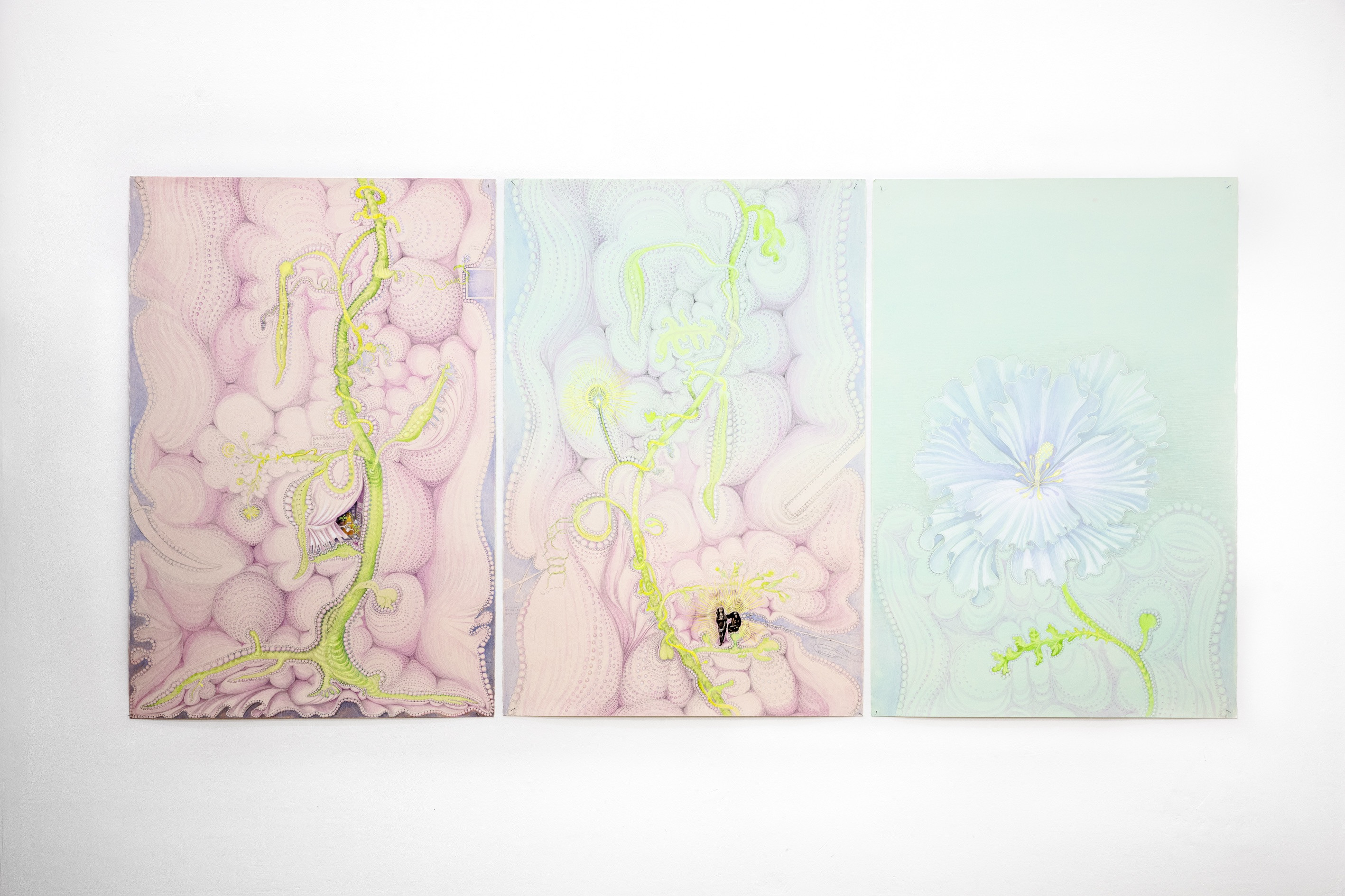 Kinke Kooi, Hospitality, 2016, acrylic, pencil, fineliner, gouache, collage on paper, Tryptic: each 152 × 100 cm, Courtesy the artist and Lucas Hirsch, Düsseldorf