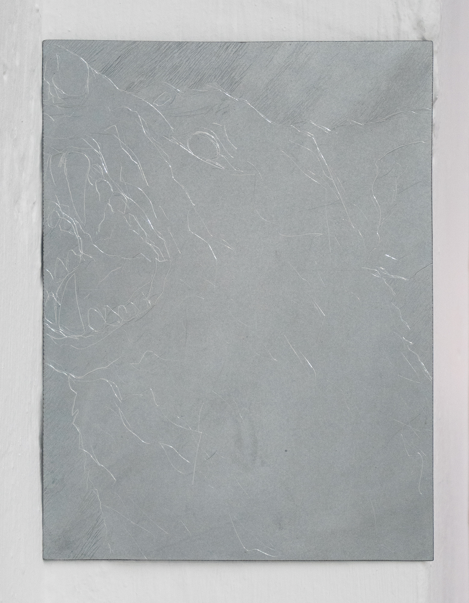 Clemens Tschurtschenthaler; line in the sand; 2023; scratch-drawing in galvanized steel plate; 20 x 15 cm