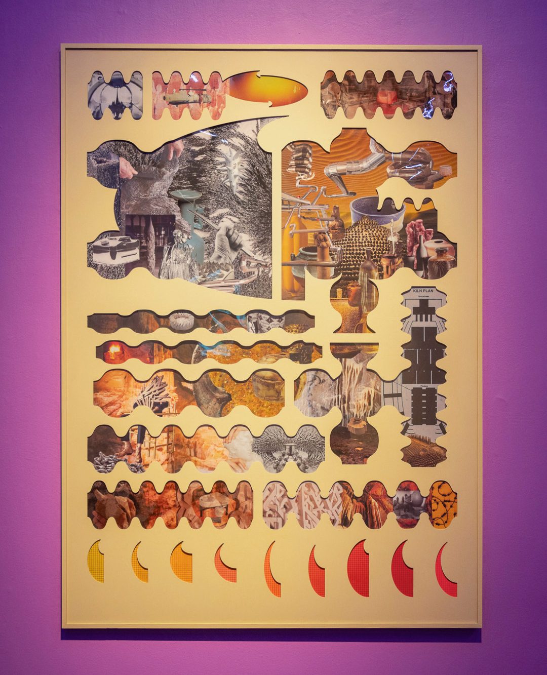 Earth Fire Mineral, 2023 MDF cutout, colored filter, found images, paint, 165 x 120 cm