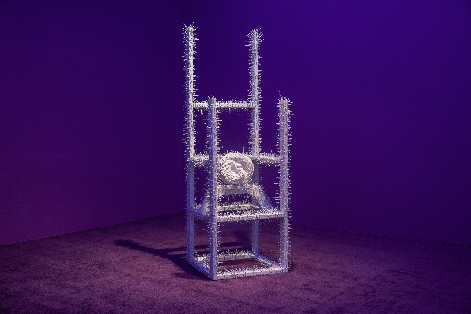 Pangolin Palace, 2023 wood, repurposed screws and nails, hydrocal plaster, fiberglass, paint, 215 x 76 x 76 cm