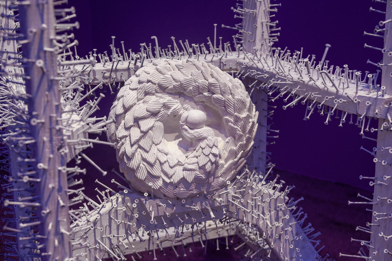 Pangolin Palace, 2023 wood, repurposed screws and nails, hydrocal plaster, fiberglass, paint, 215 x 76 x 76 cm (detail)