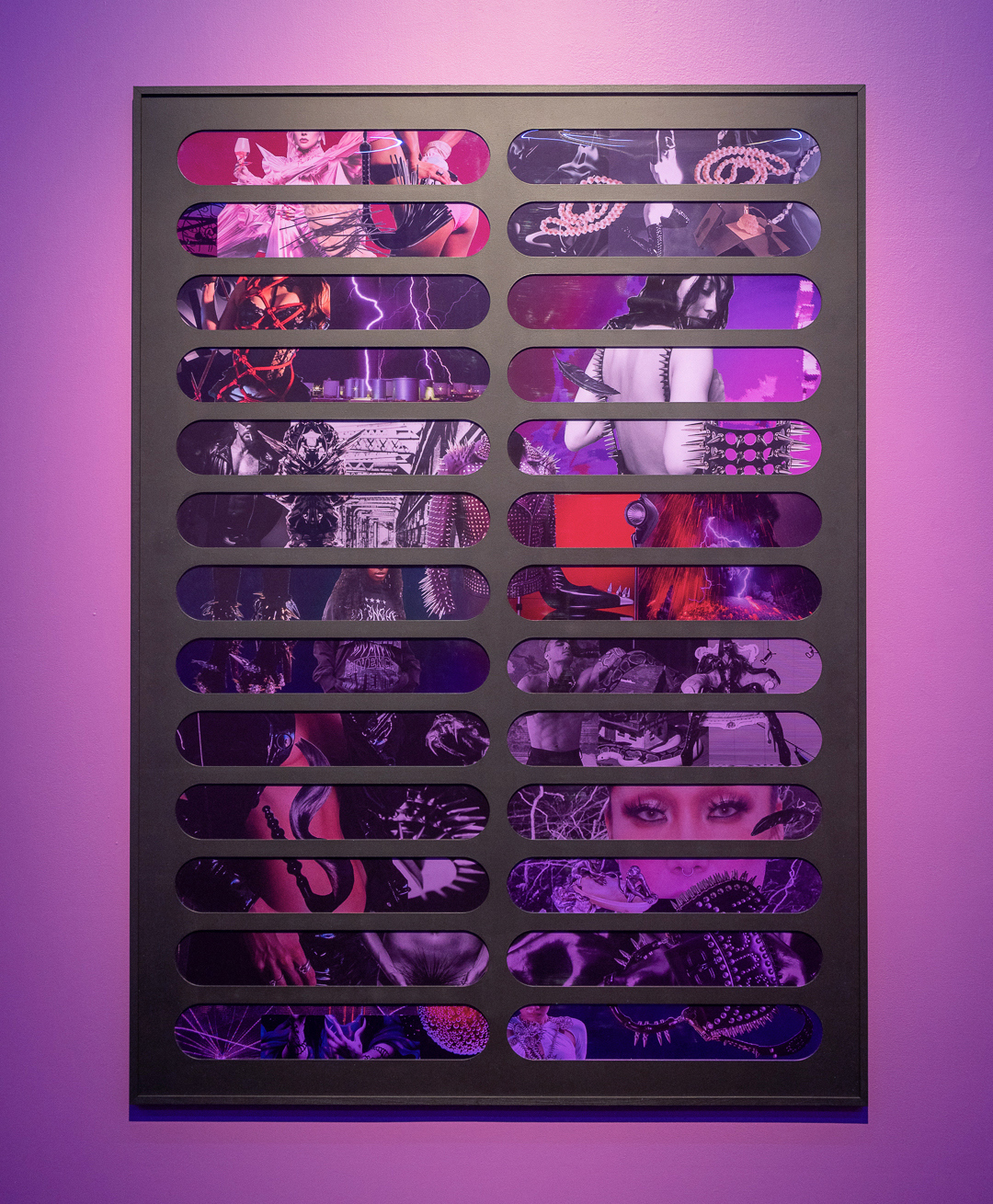 Purple Lust Baby, 2023 MDF cutout, colored filter, found images, paint, 165 x 120 cm