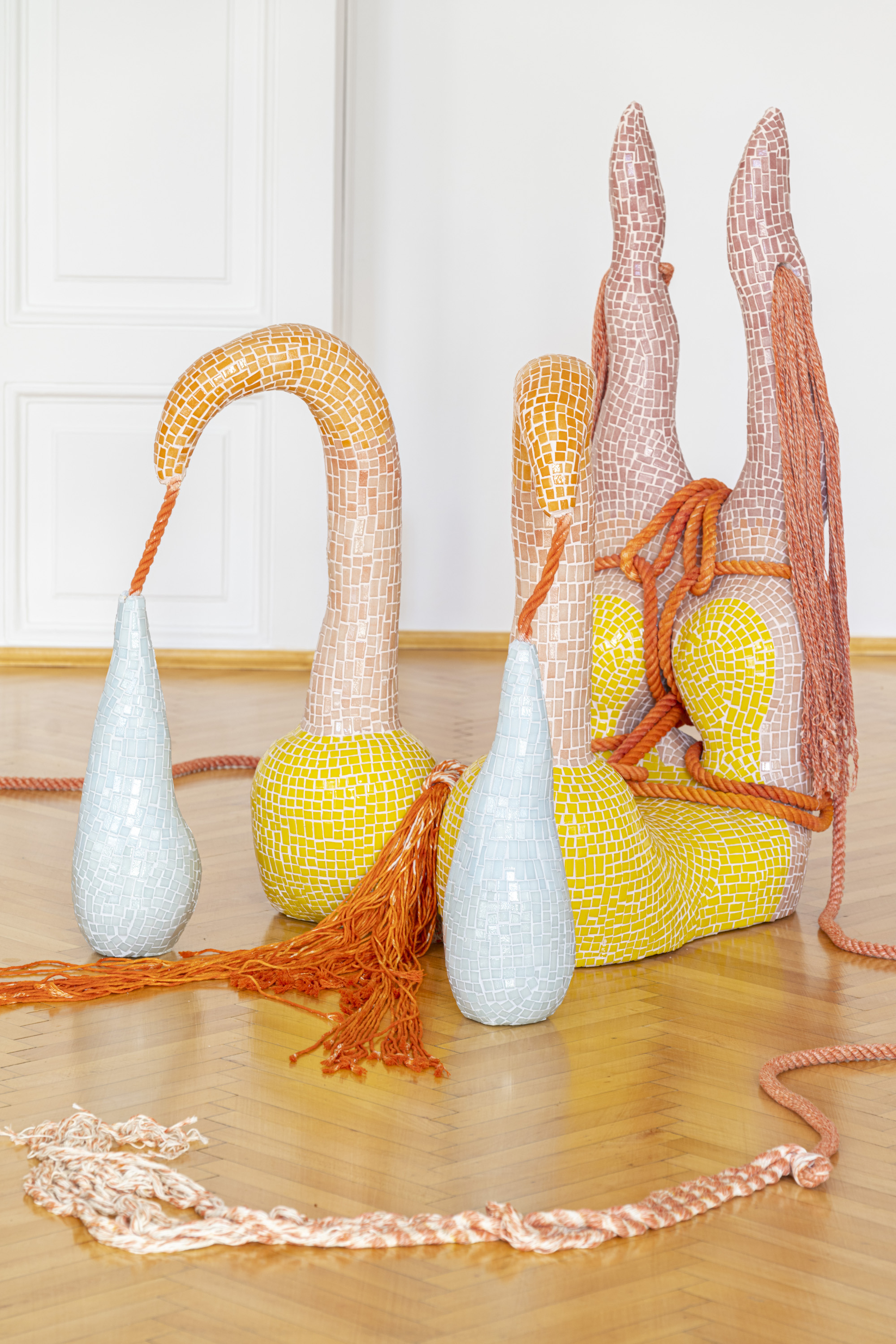  Zsófia Keresztes – Untitled, 2019, styrofoam, rope, glue, grout, glass mosaic, textile dye, felt, expanding foam, 100 x 90 x 120 cm (without ropes)