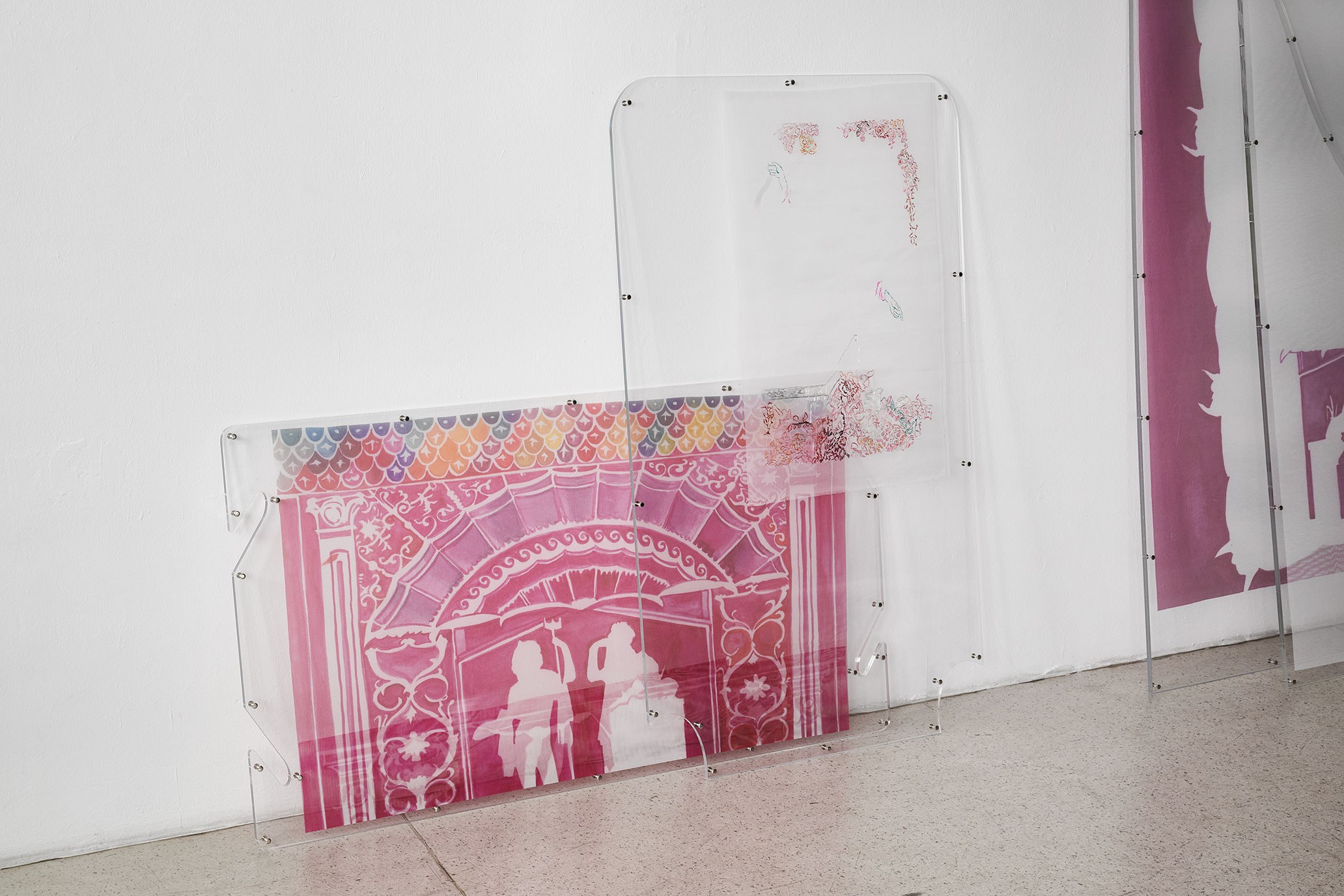 Nora Hansen, Subconscious, 2023, Nylon Taffeta, Printed Mesh, Silk stitching, Silk Organza, Plexiglass, Styrofoam, Metal
