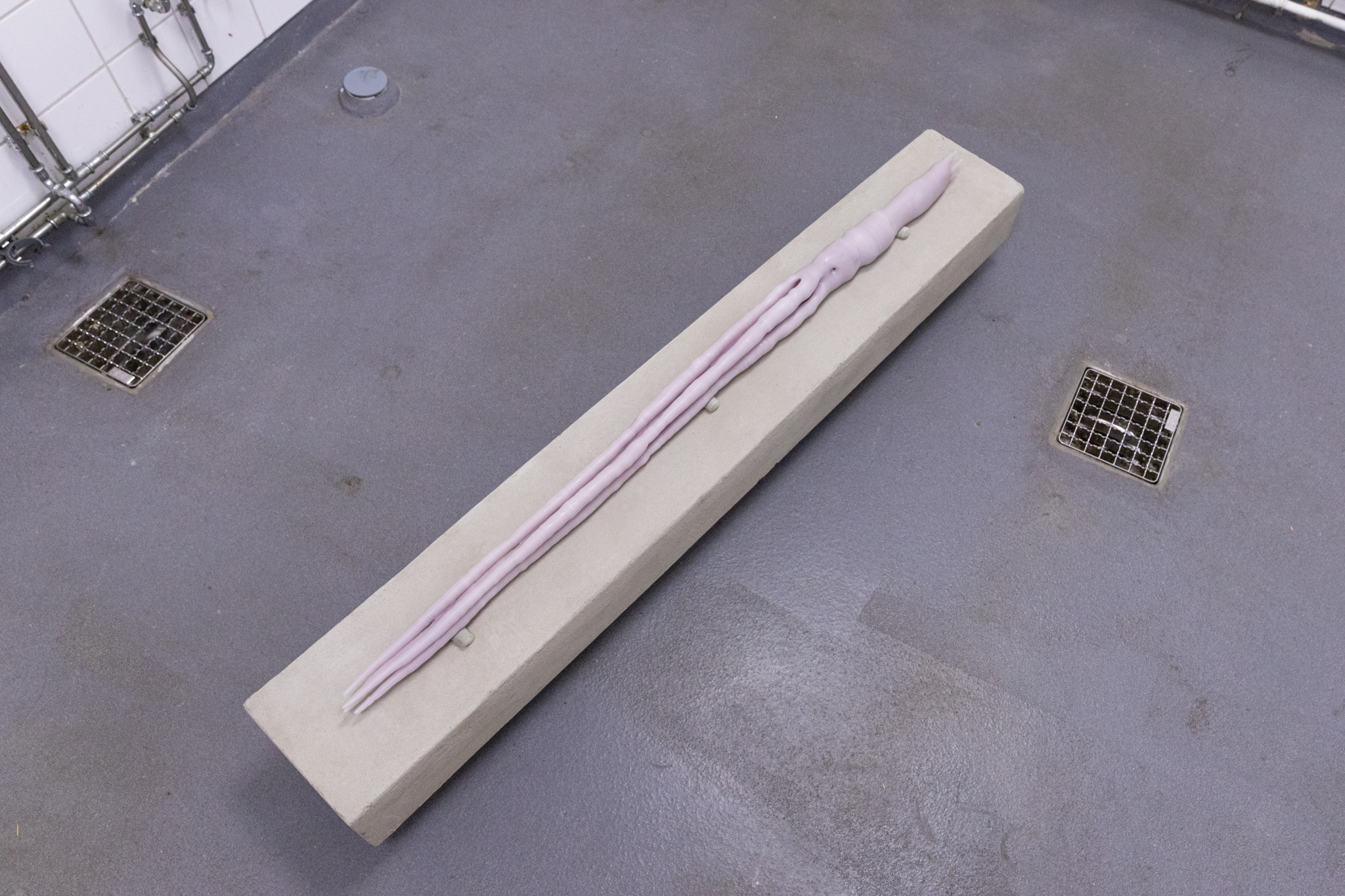 Pitted Dates: DOWNWELLING STARLIGHT, Elina Vainio: Amass, 2023, dyed beeswax, aluminium tube, linen sandbags, dimensions variable