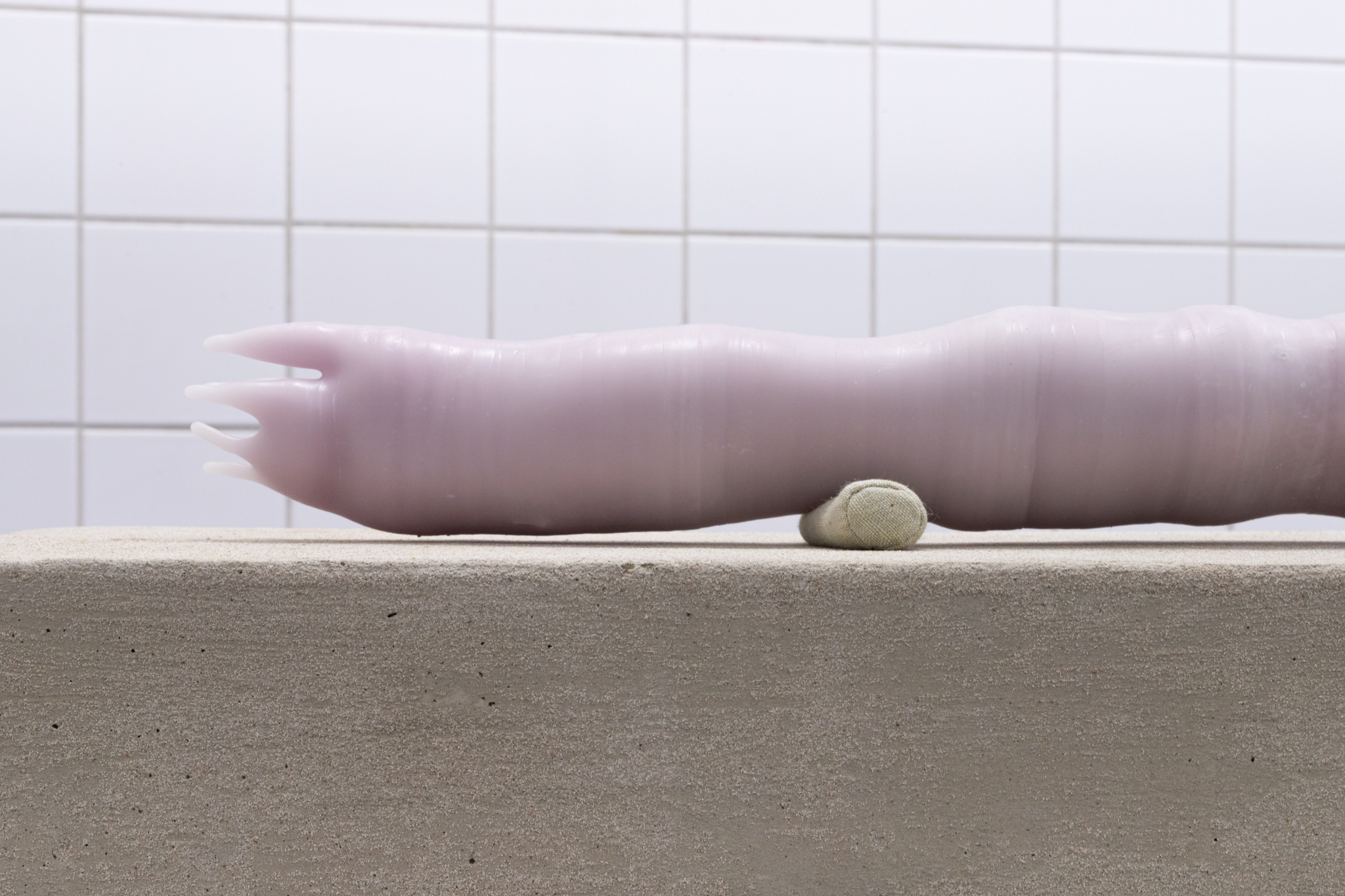 Pitted Dates: DOWNWELLING STARLIGHT, Elina Vainio: Amass, 2023, dyed beeswax, aluminium tube, linen sandbags, dimensions variable