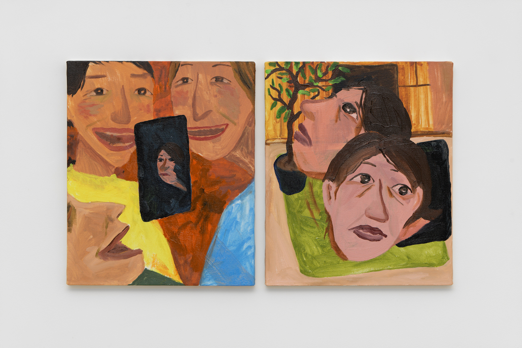  Peeking, 2023, Oil on canvas, 45,5 × 38 cm each (diptych) Courtesy of the artist and Crèvecœur, Paris. Photo: Aurélien Mole