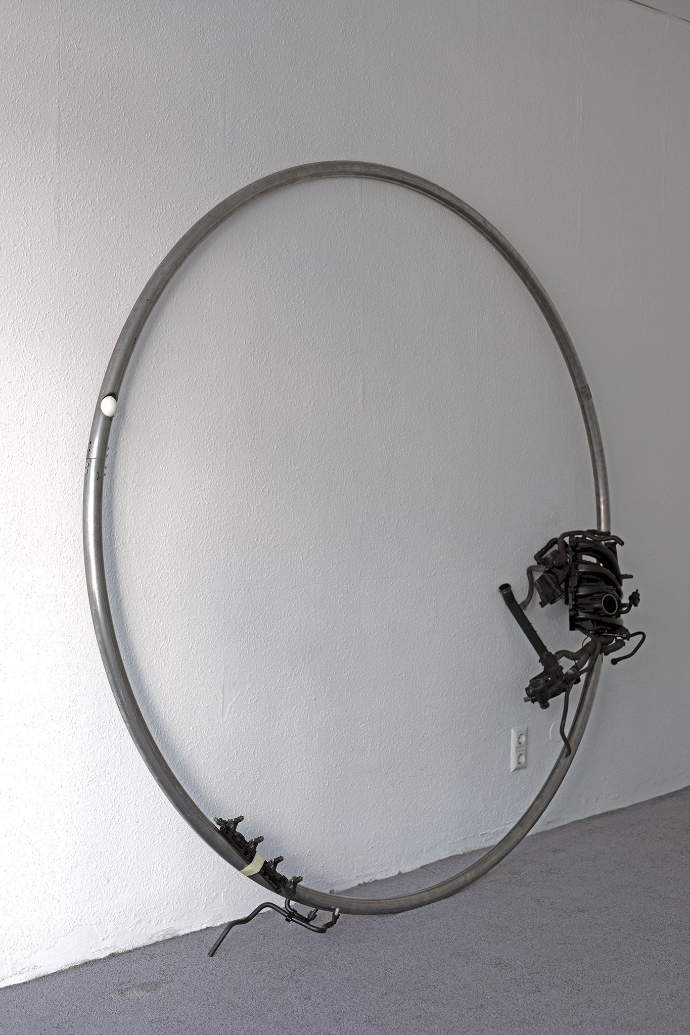 Bone on Bone Echoing, Sound Installation, 2023, Steel, Automobile Parts, Egg, Speaker, Bone Conduction Headphones, 220 x 20 cm