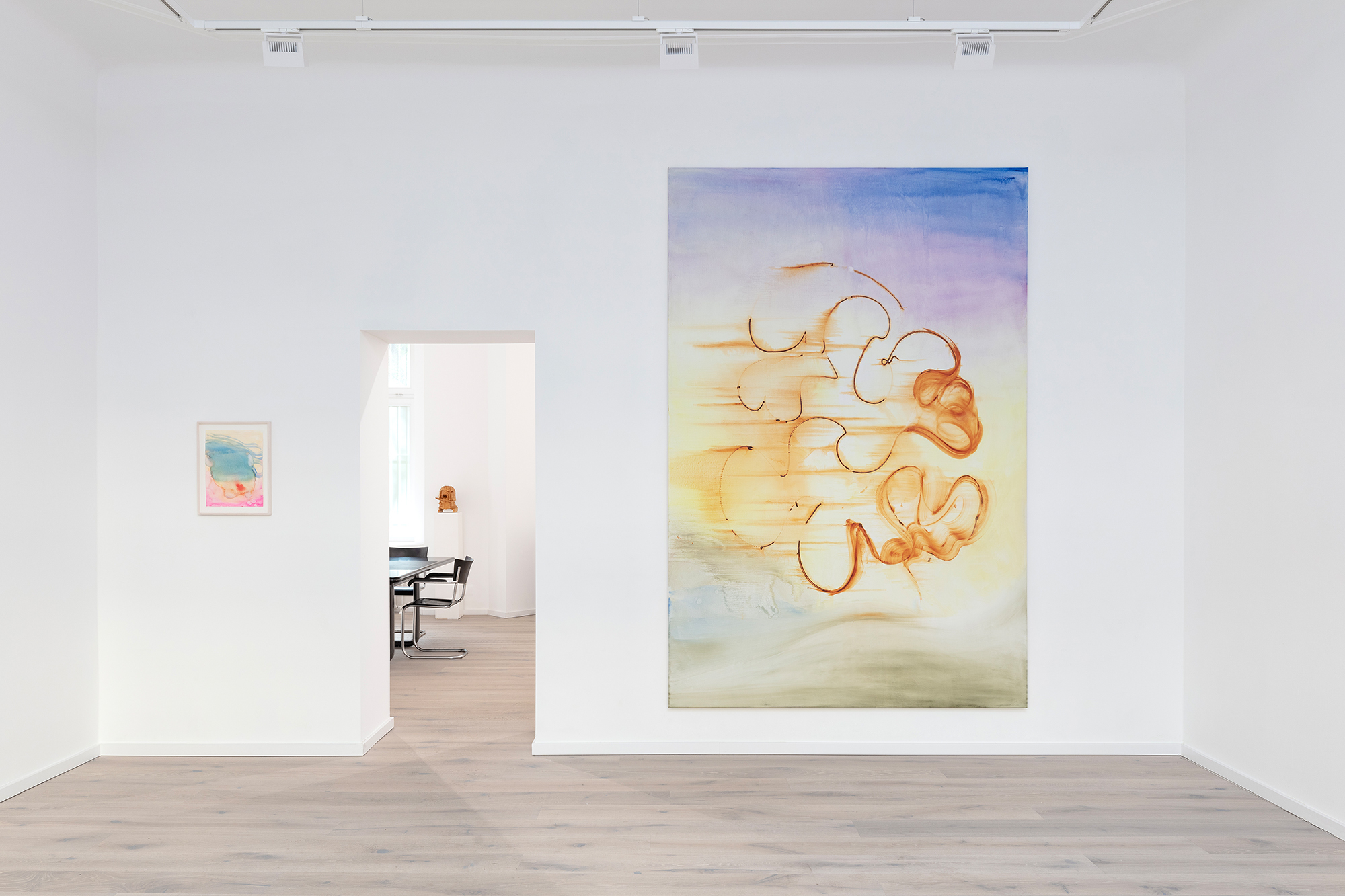 aufgelöst, Installation view, left: Meermensch, 2023, watercolor on paper, 40 x 29 cm, right: Fata Morgana, 2023, oil on canvas, 280 x 190 cm