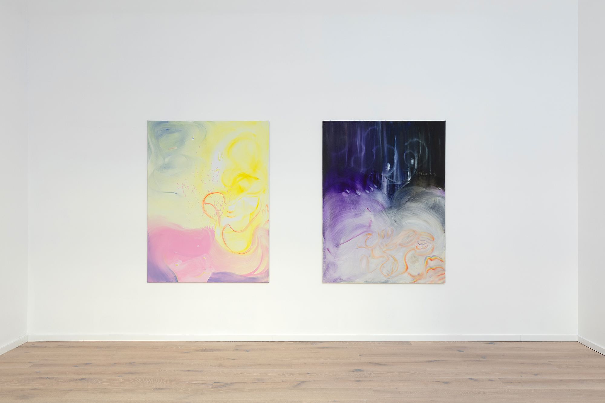left: Sorry für‘s anspritzen, 2023, oil on canvas, 160 x 120 cm, right: Somewhere over the Rainbow, 2023, oil on canvas, 160 x 120 cm