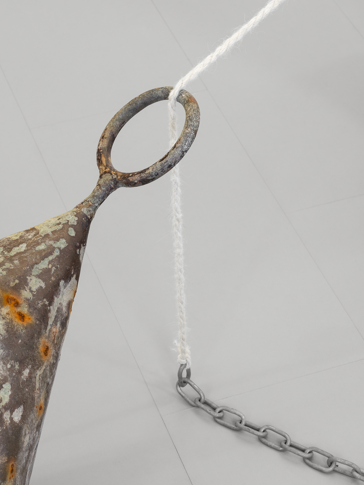 Exhibition View «UNSEEN RECONSTRUCTIONS; view on Vladimir Miljević, Transboundary Waters (Fruits of Labour),coastal wool bags with walnuts and metallic buoys, 2023» at La rada / Photo: Riccardo Giancola /Courtesy : the artists and La rada