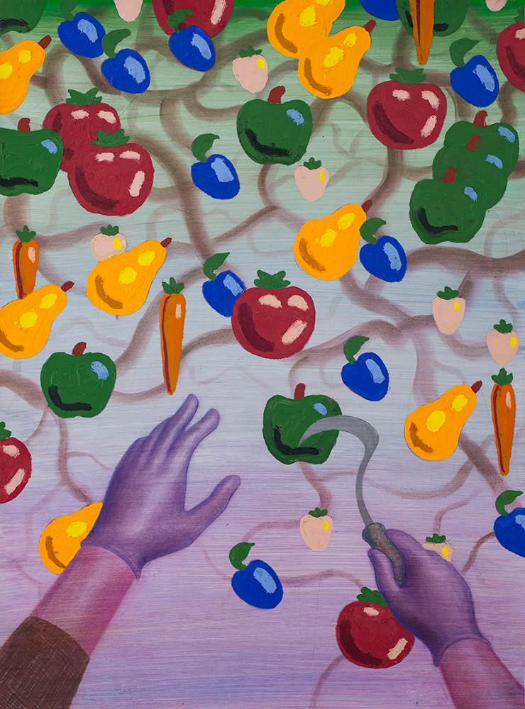 strange strangling fruits, 76 cm x 56 cm, pencil, pigment and oilstick on paper, 2023