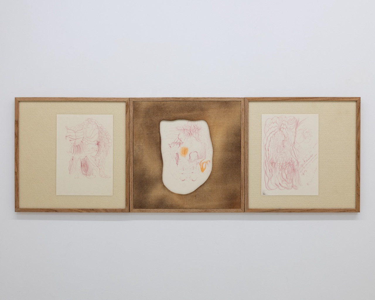 Marta NiedbaÅ‚, from the left: "Leaky", "Wormy", "Drowsy", 2022, crayon on paper, framed in UV glass in an oak frame, 41 x 41 cm, photo by Szymon SokoÅ‚owski