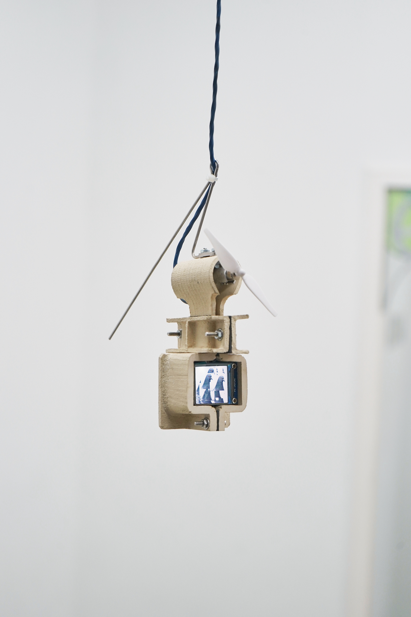 Younsik Kim, Untitled, 2023, Ceramic, stainless steel, LCD display, motor, abs plastic, Arduino processor Variable dimensions ( Three piece object )