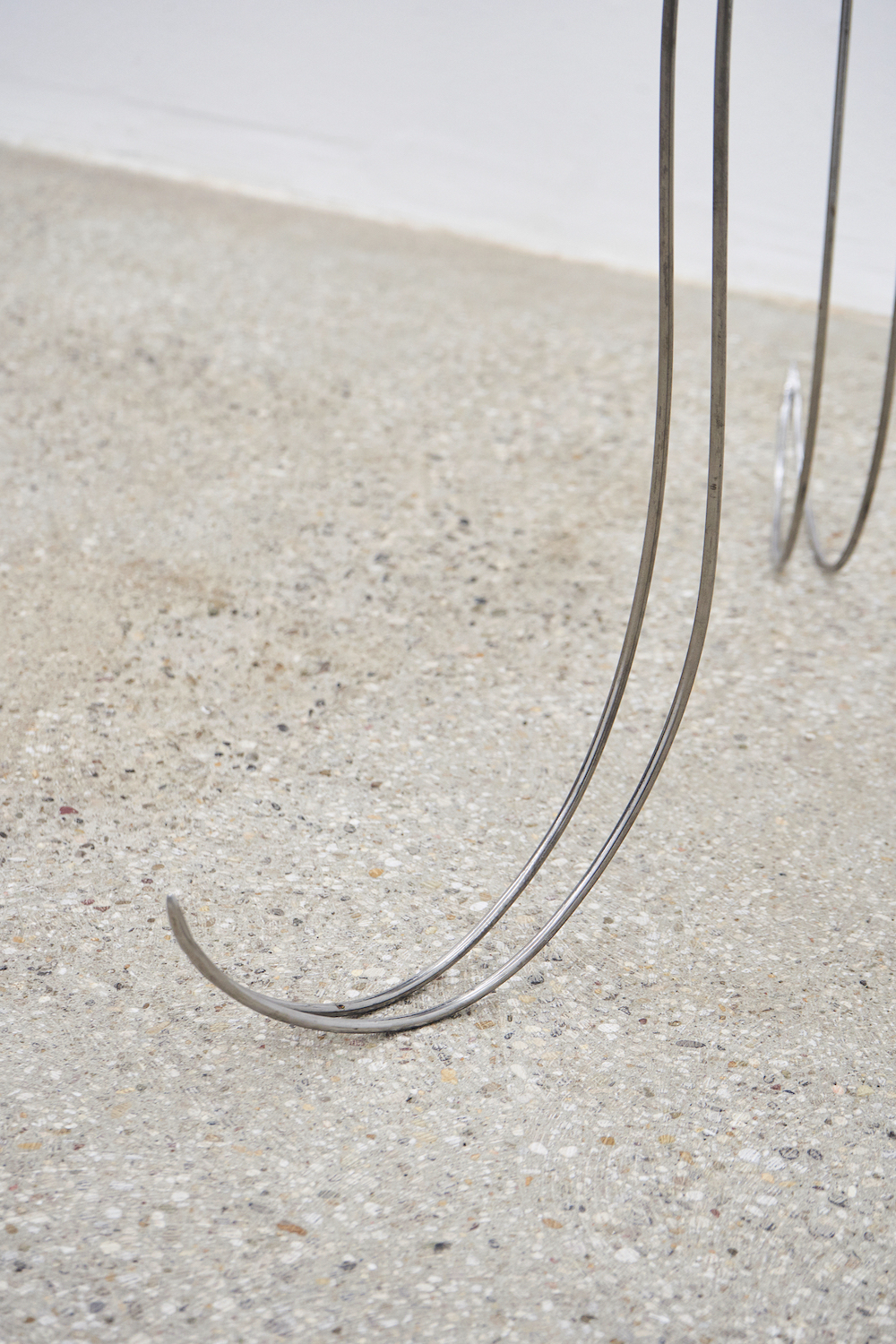Ju Young Kim âIn the night I wish you a good dayâ 2023 (Detail), Aircraft tray table, Glass, Lead, Tin, Stainless steel 77 x 69 x 63.5 cm