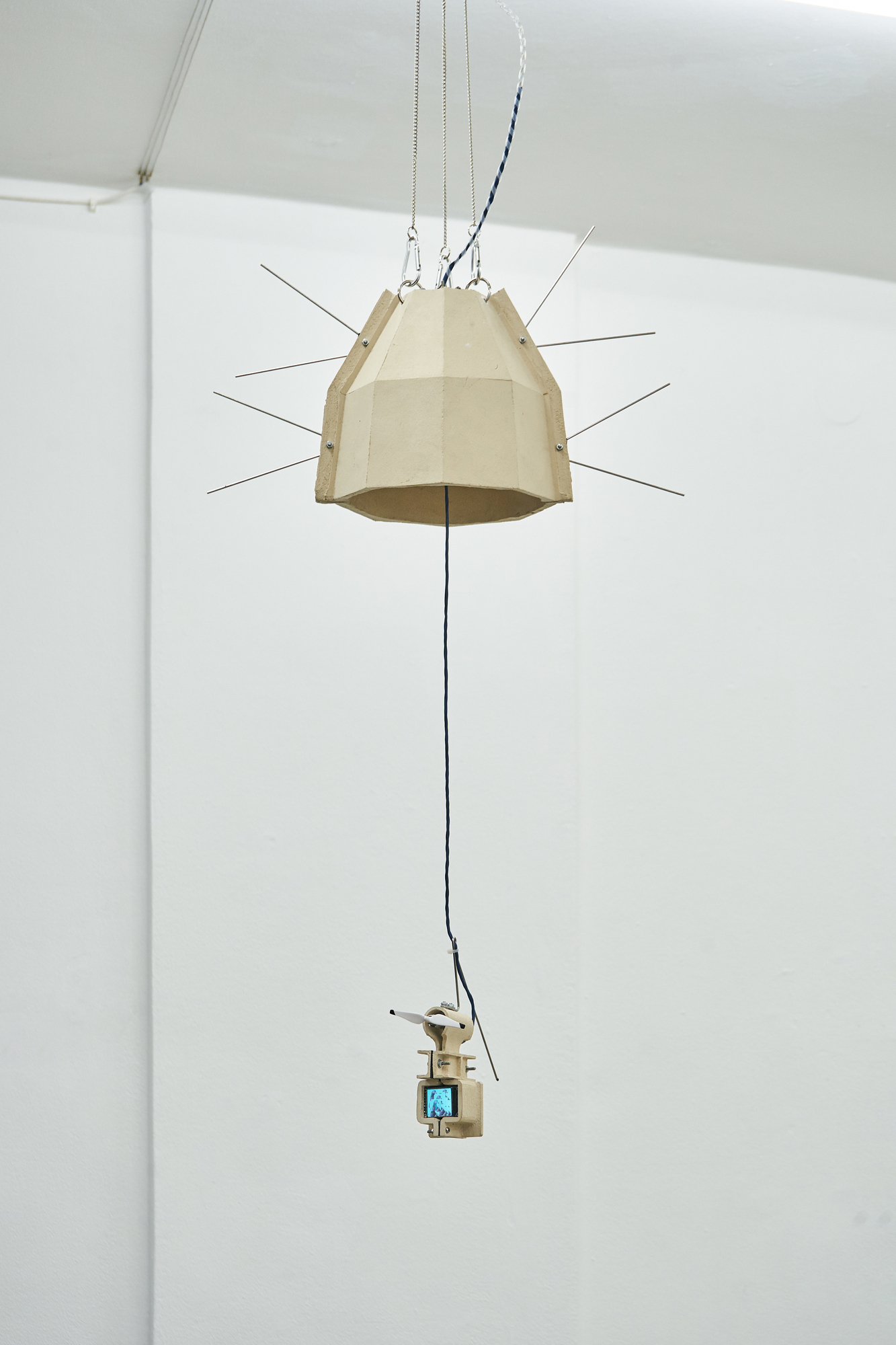 Younsik Kim Untitled 2023 Ceramic, stainless steel, LCD display, motor, abs plastic, Arduino processor Variable dimensions ( Three piece object )